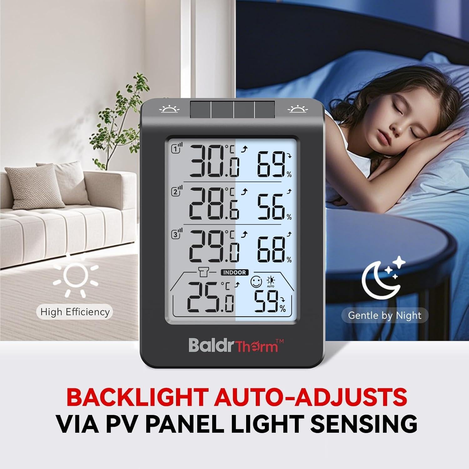 Termo-Higrómetro Solar BaldrTherm 3 Canales Negro 13x7.2cm