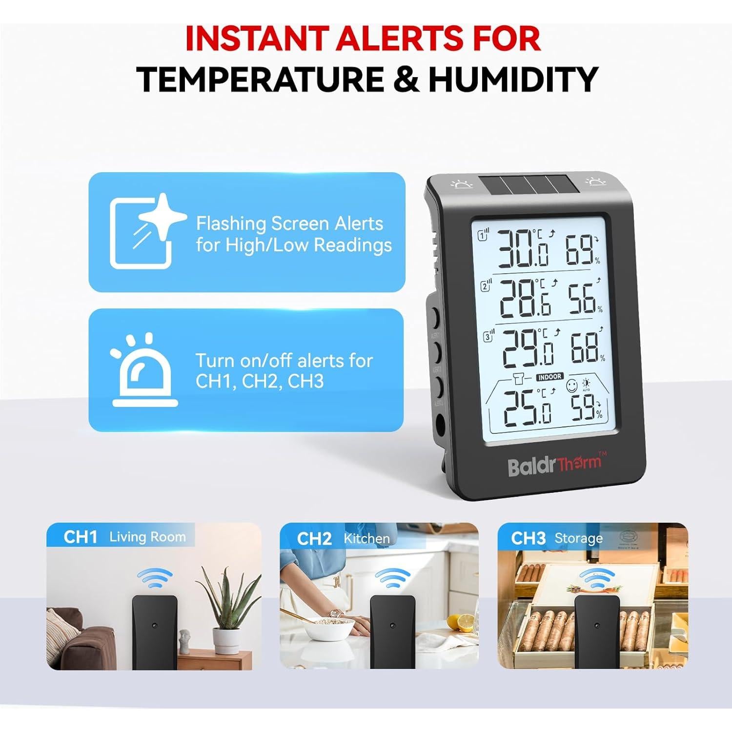 Termo-Higrómetro Solar BaldrTherm 3 Canales Negro 13x7.2cm