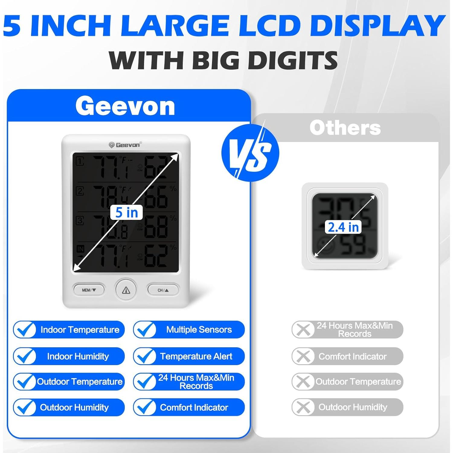 Termómetro Inalámbrico Geevon con 3 Sensores, Monitor de Temperatura y Humedad