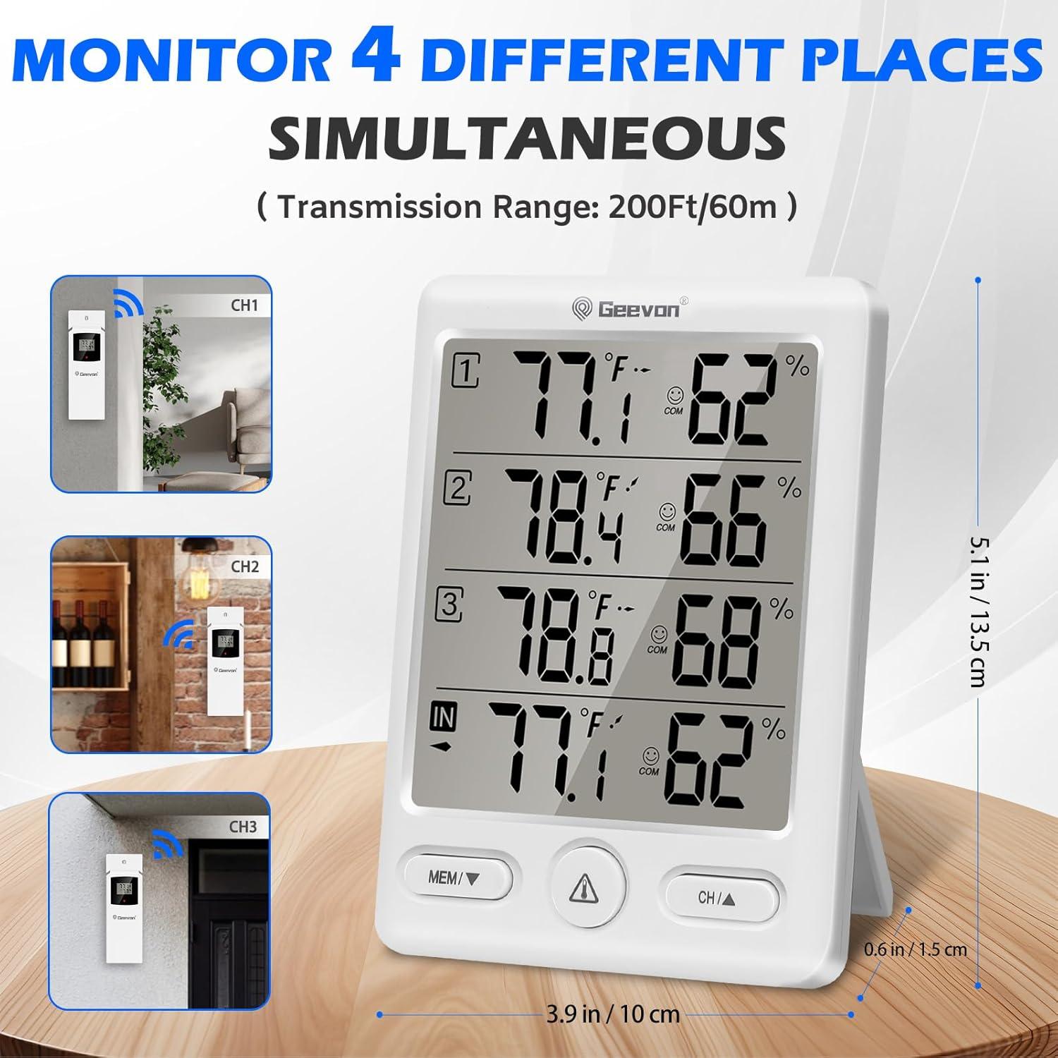 Termómetro Inalámbrico Geevon con 3 Sensores, Monitor de Temperatura y Humedad