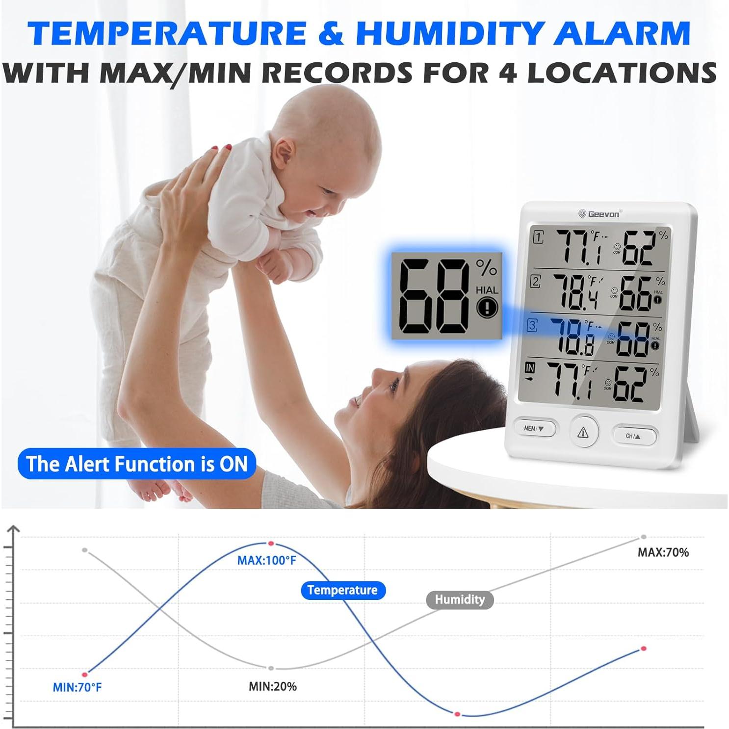 Termómetro Inalámbrico Geevon con 3 Sensores, Monitor de Temperatura y Humedad