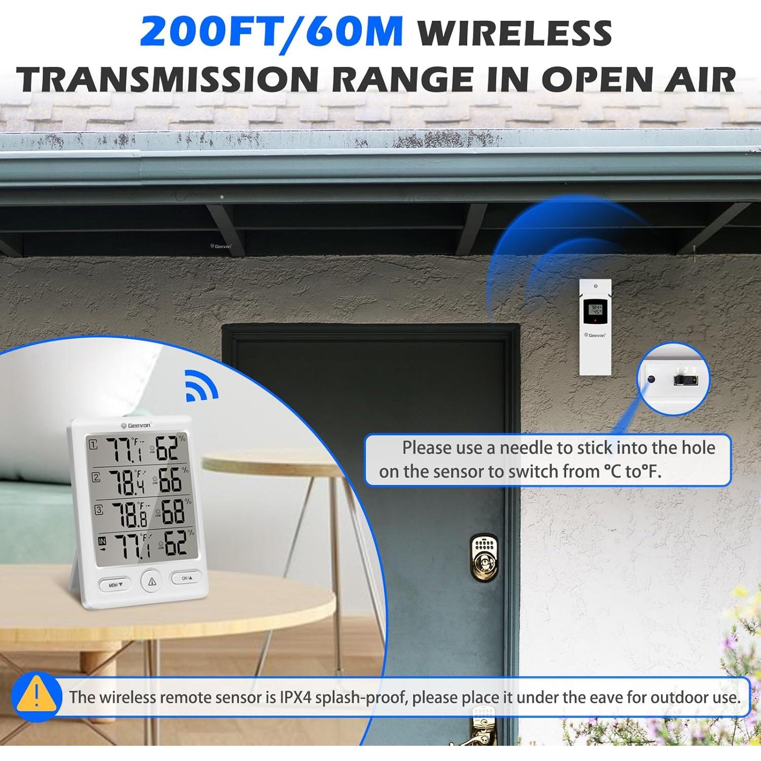 Termómetro Inalámbrico Geevon con 3 Sensores, Monitor de Temperatura y Humedad