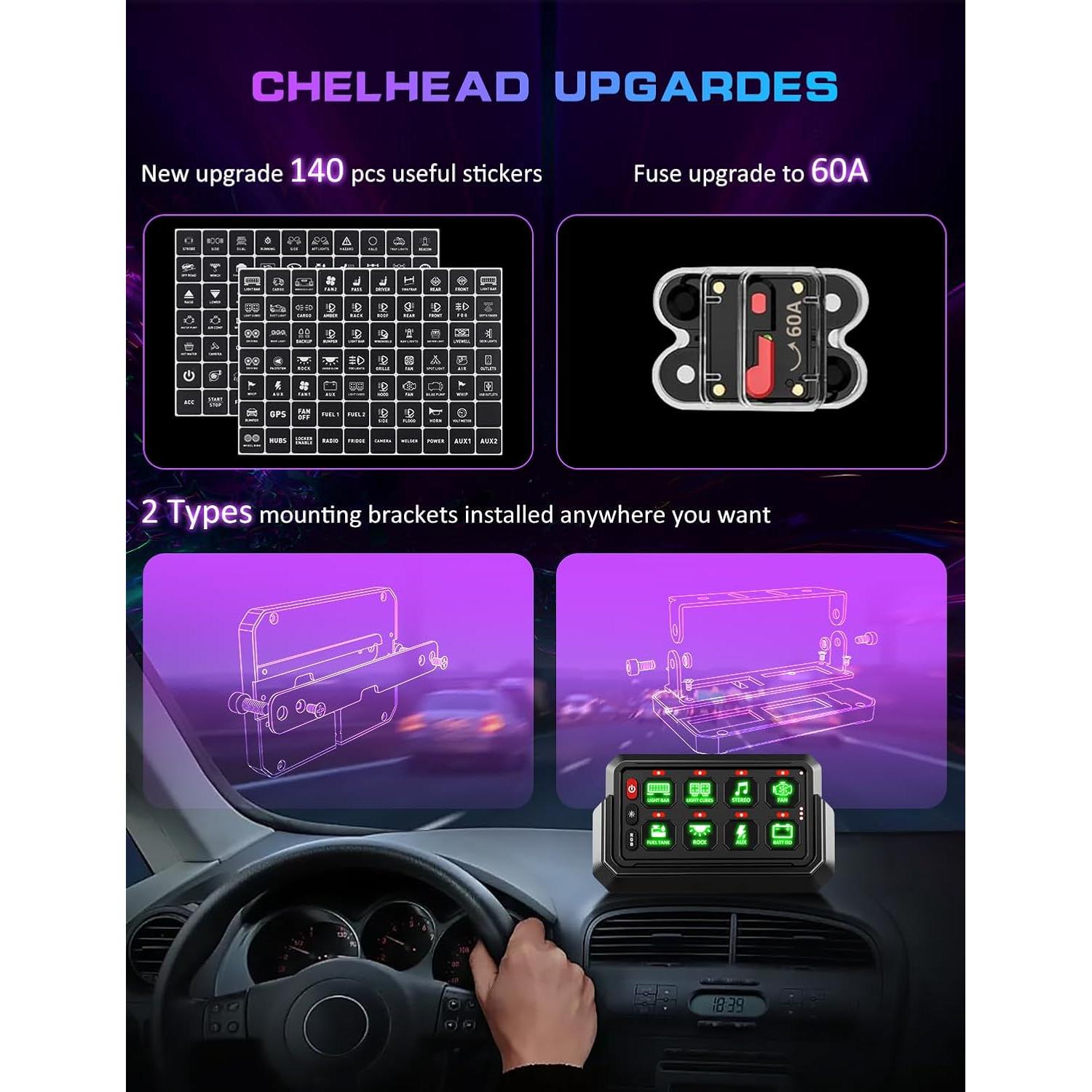 Panel de Interruptores Inalámbrico Chelhead 12V 8 Gang RGB Impermeable