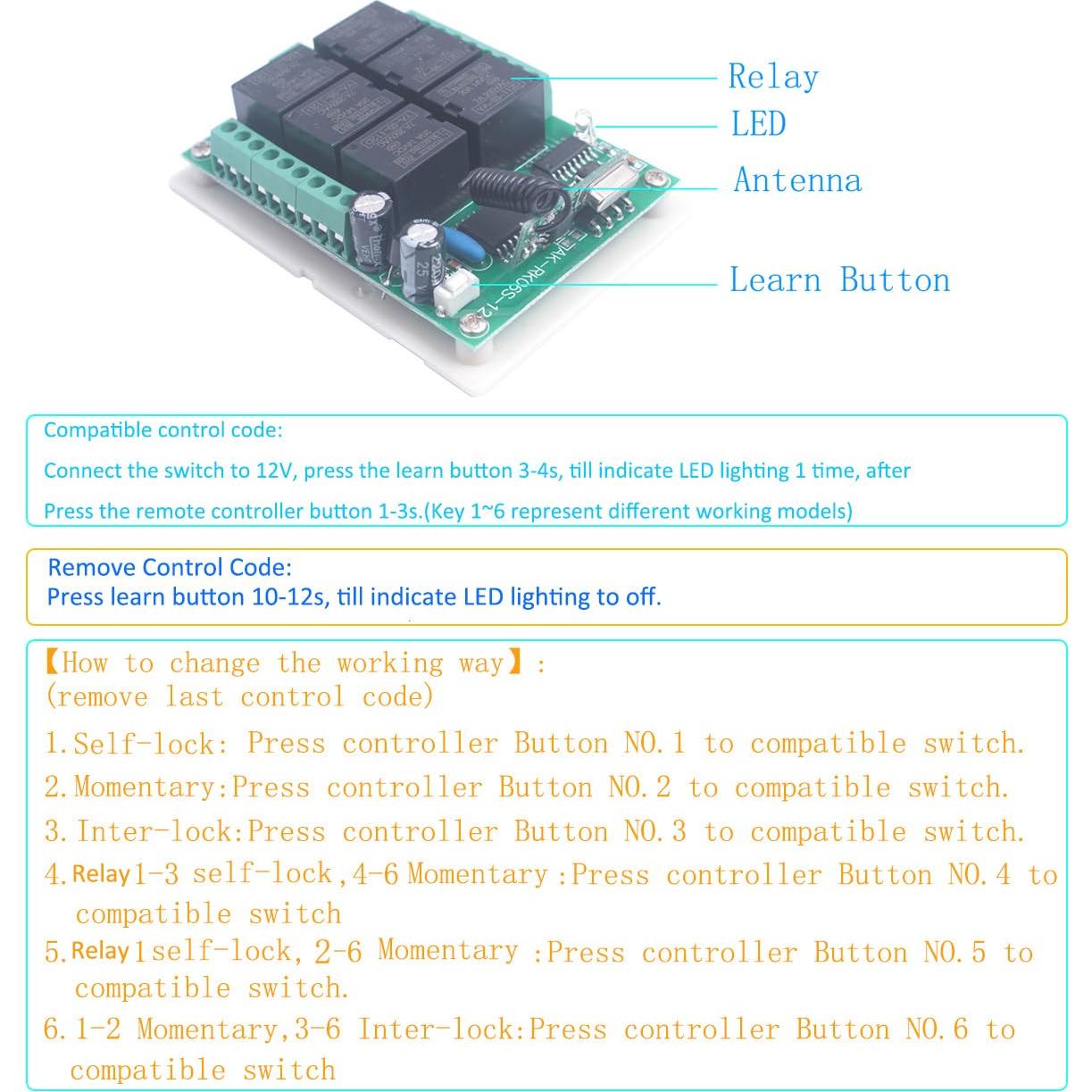 Interruptor Remoto Inalámbrico 6CH DC 12V Mangood 433MHz