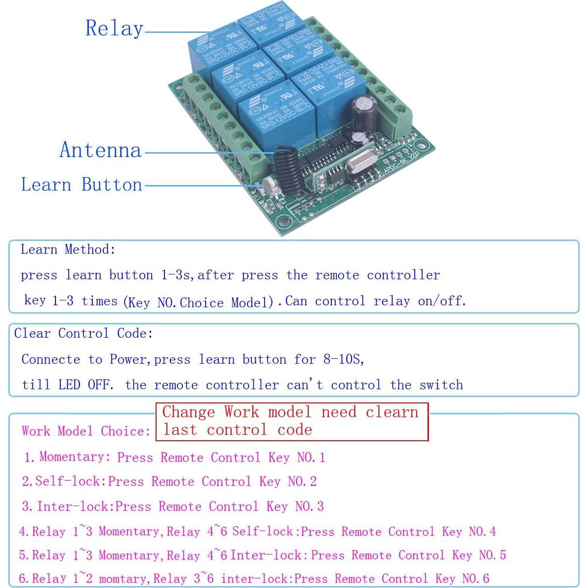 Control Remoto Inalámbrico 12V 6 Canales Mangood 433MHz
