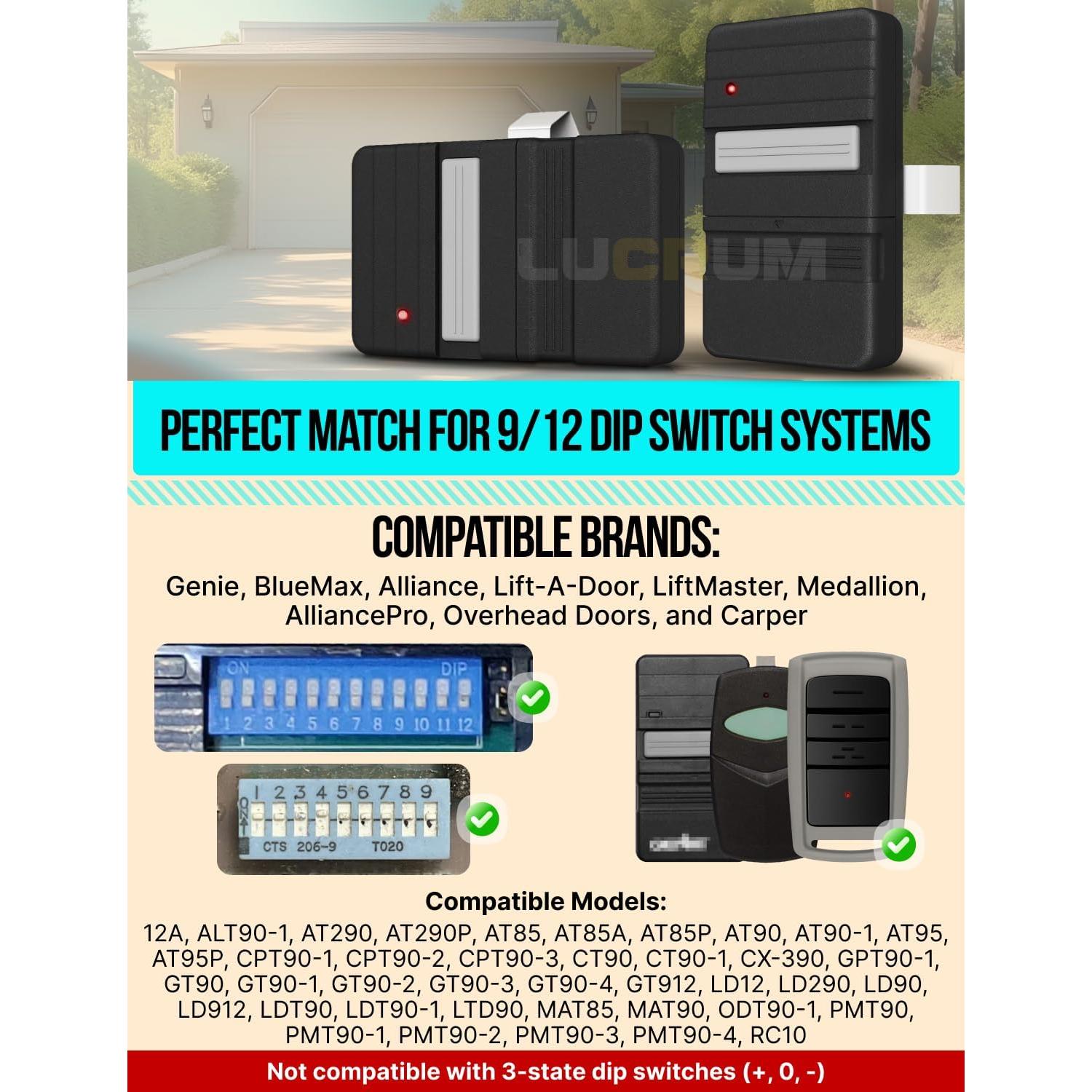 Control Remoto de Puerta de Garaje Lucrum 2-Pack GT90-1 9/12 Dip