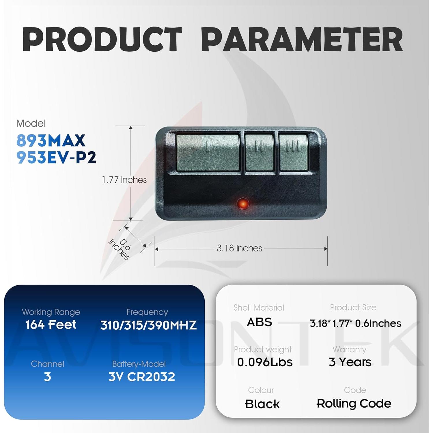 Control Remoto de Puerta de Garaje Avisontek 953EV-P2 Universal
