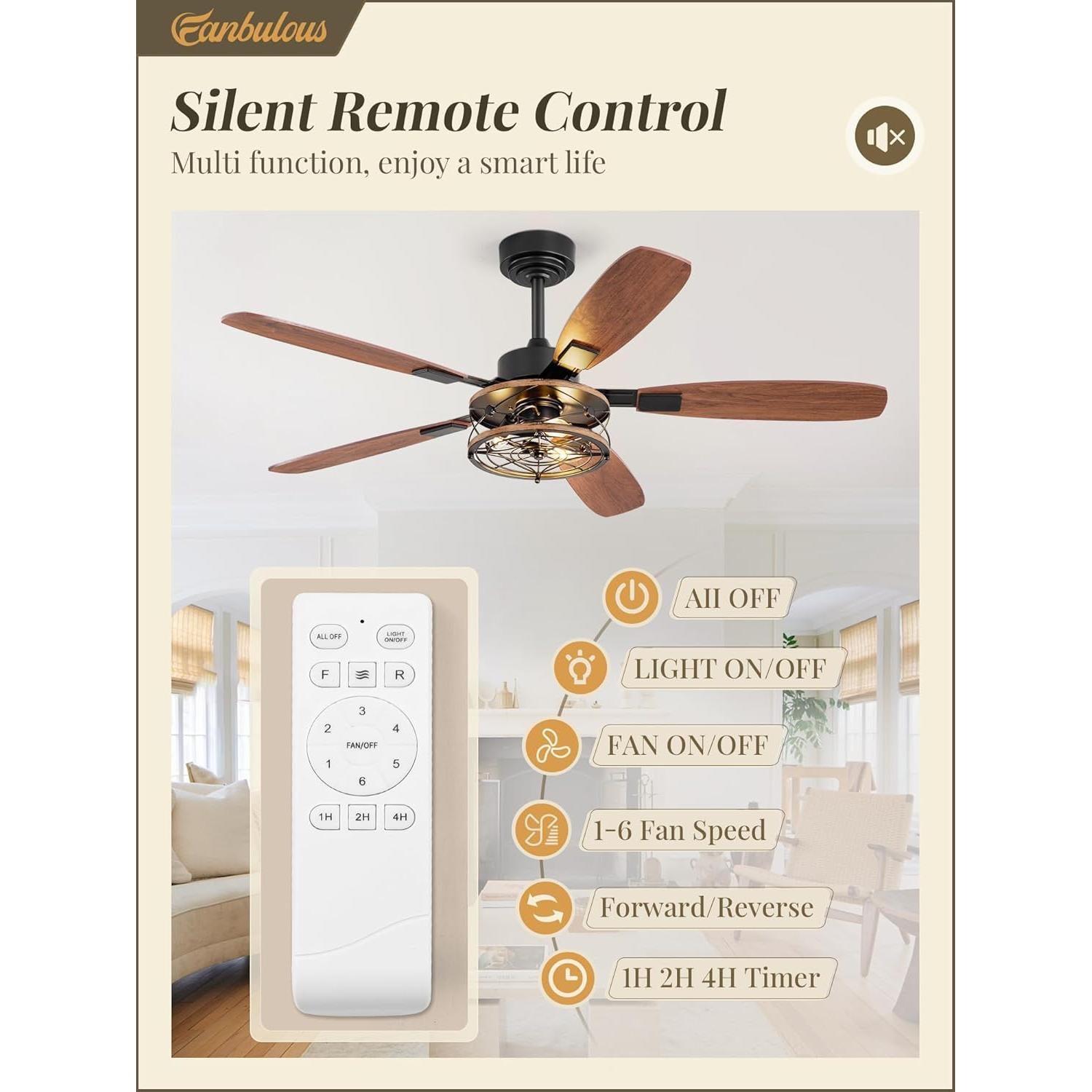 Ventilador de Techo Fanbulous 52" Negro con Luz y Control Remoto