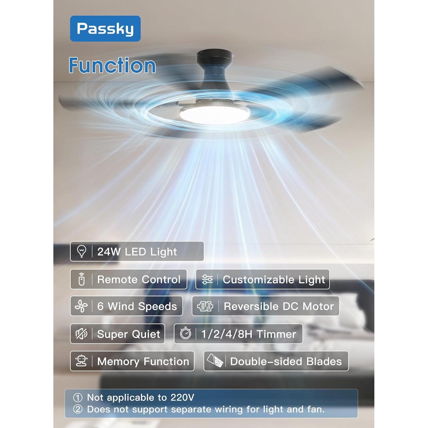 Ventilador de Techo Passky 52" con Luz y Control Remoto Negro
