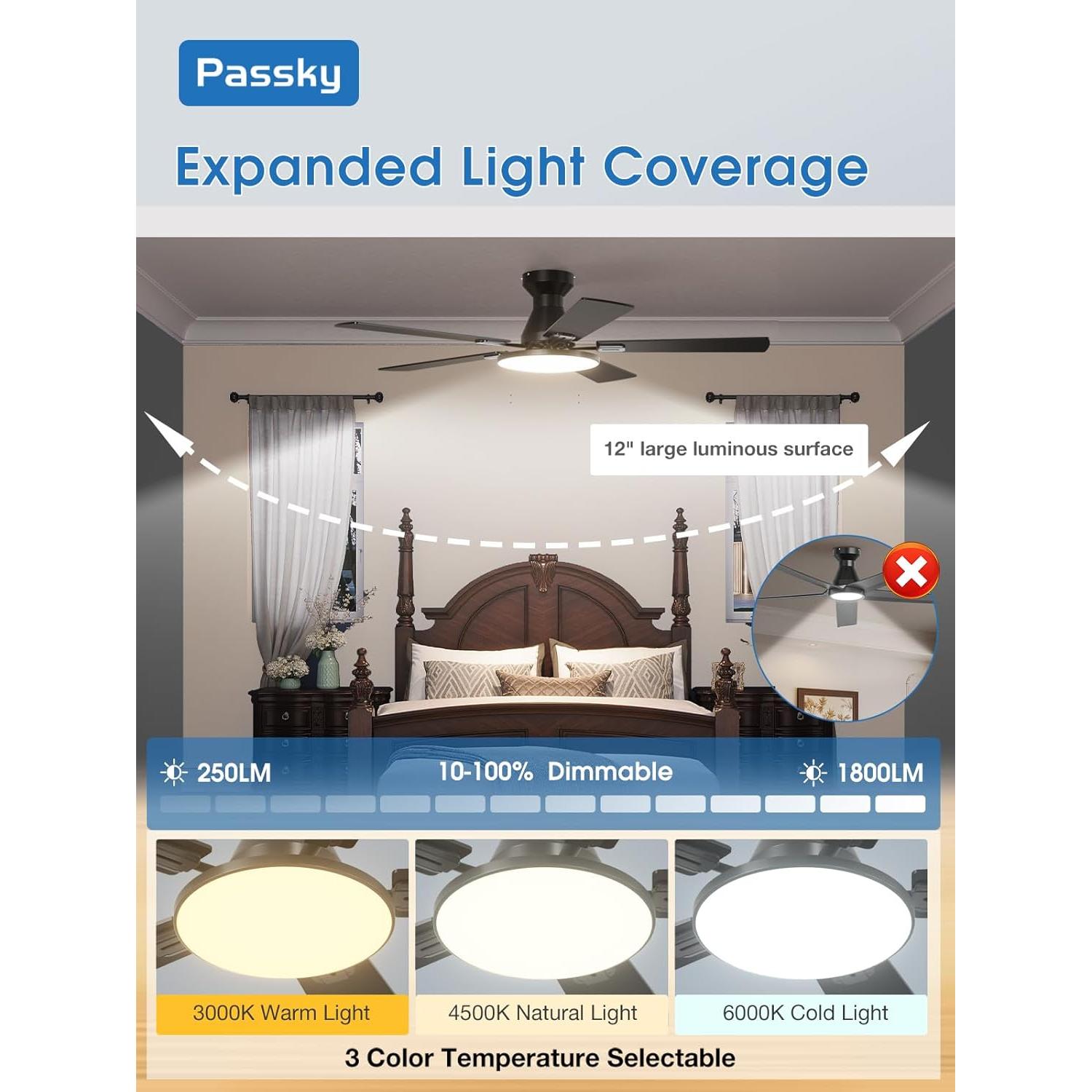 Ventilador de Techo Passky 52" con Luz y Control Remoto Negro