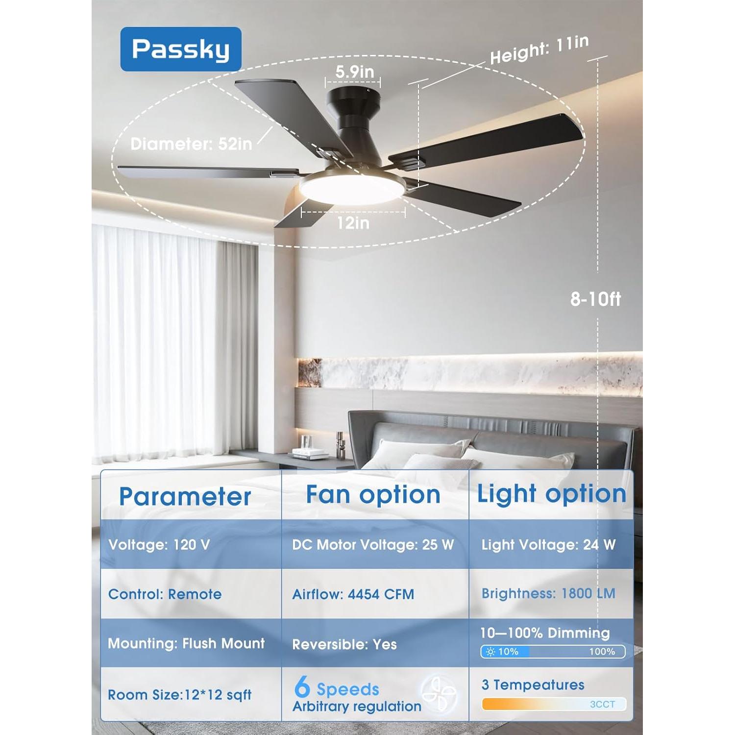 Ventilador de Techo Passky 52" con Luz y Control Remoto Negro