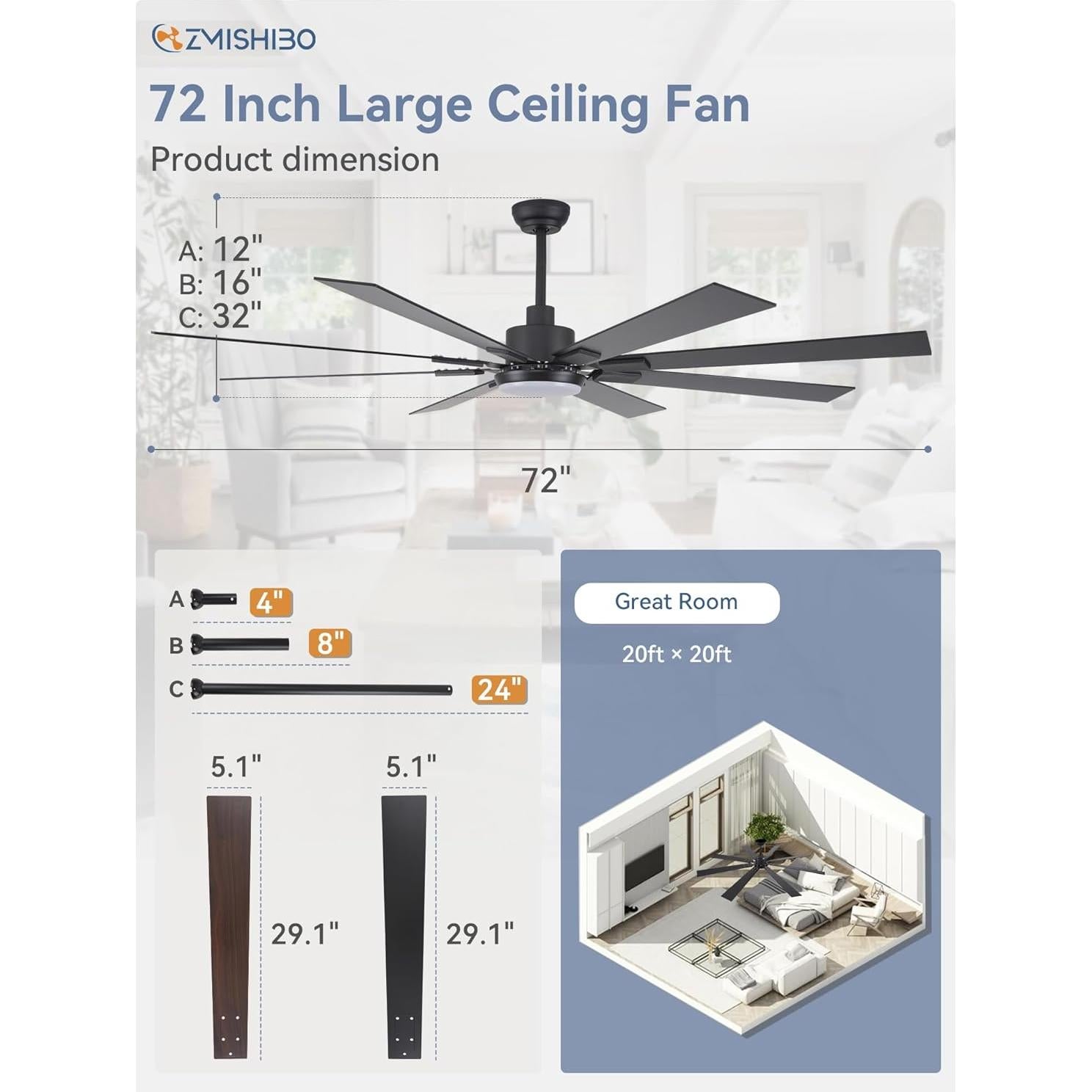 Ventilador de Techo ZMISHIBO 72" Moderno Negro y Nogal con Luz LED