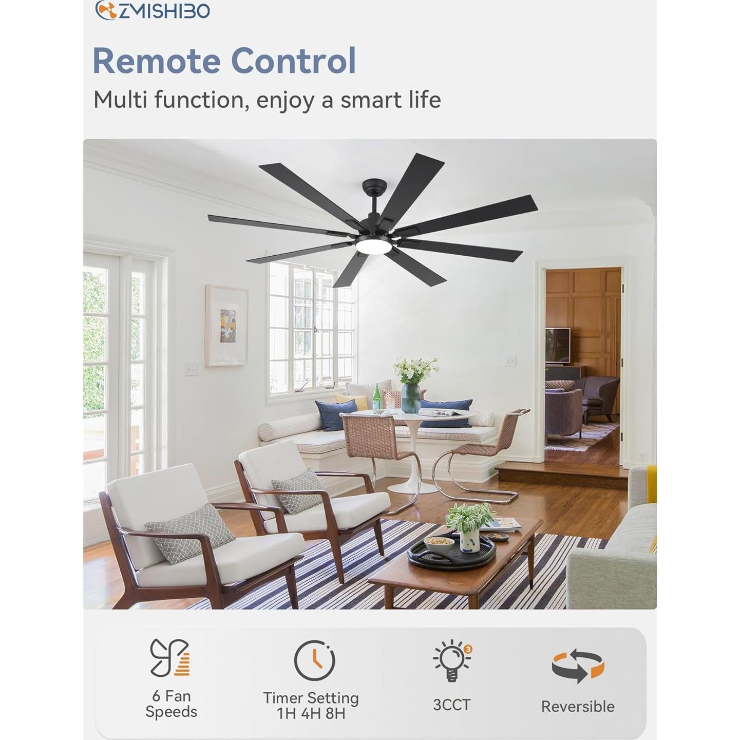 Ventilador de Techo ZMISHIBO 72" Moderno Negro y Nogal con Luz LED