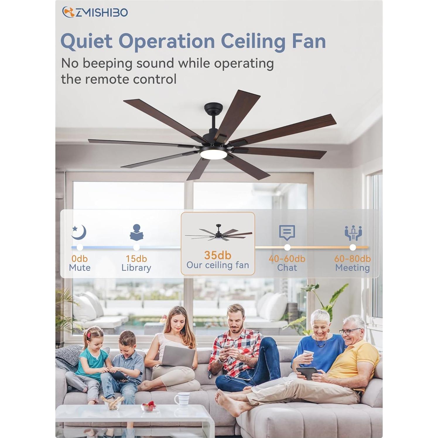 Ventilador de Techo ZMISHIBO 72" Moderno Negro y Nogal con Luz LED