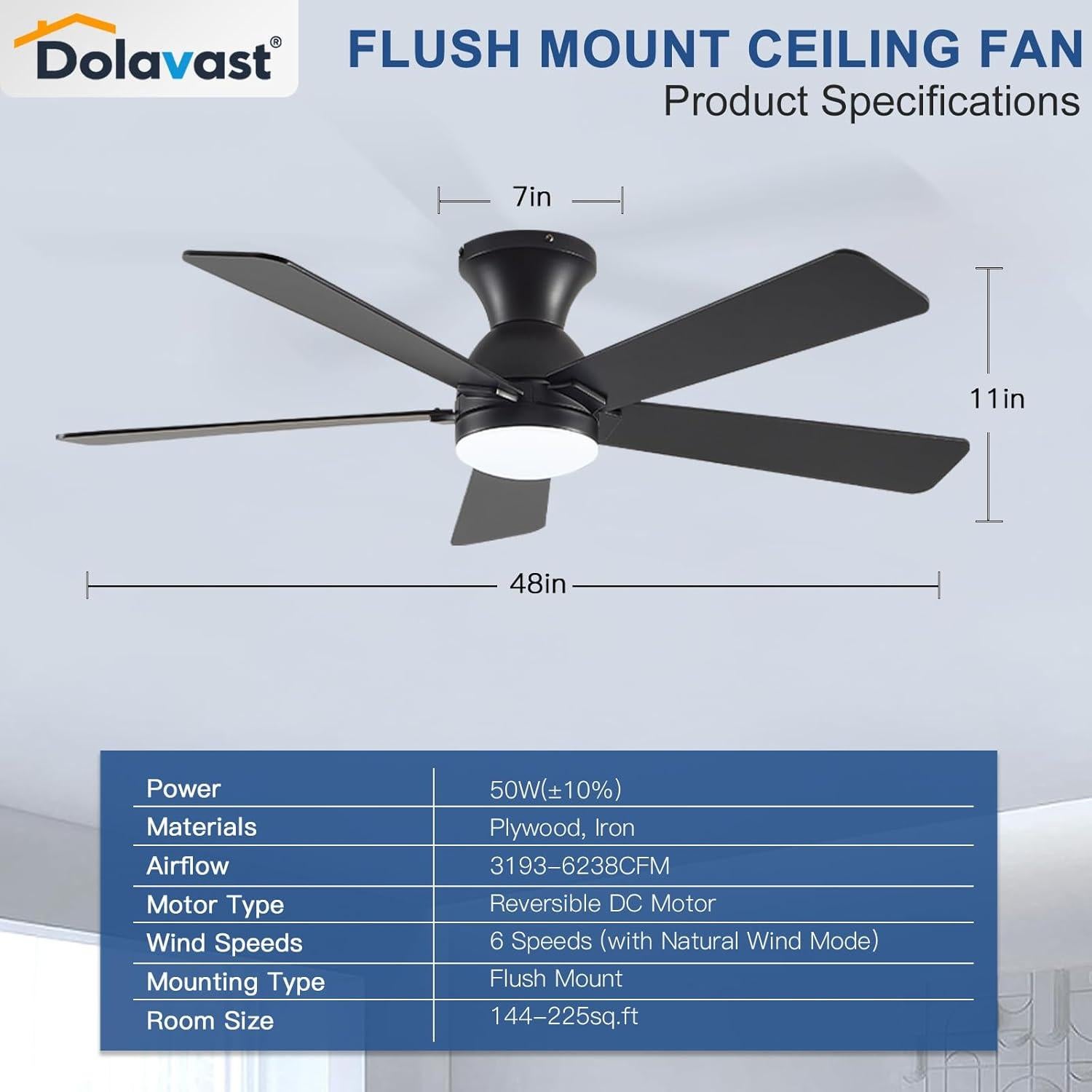 Ventilador de Techo Dolavast 48" con Luz LED y Control Remoto