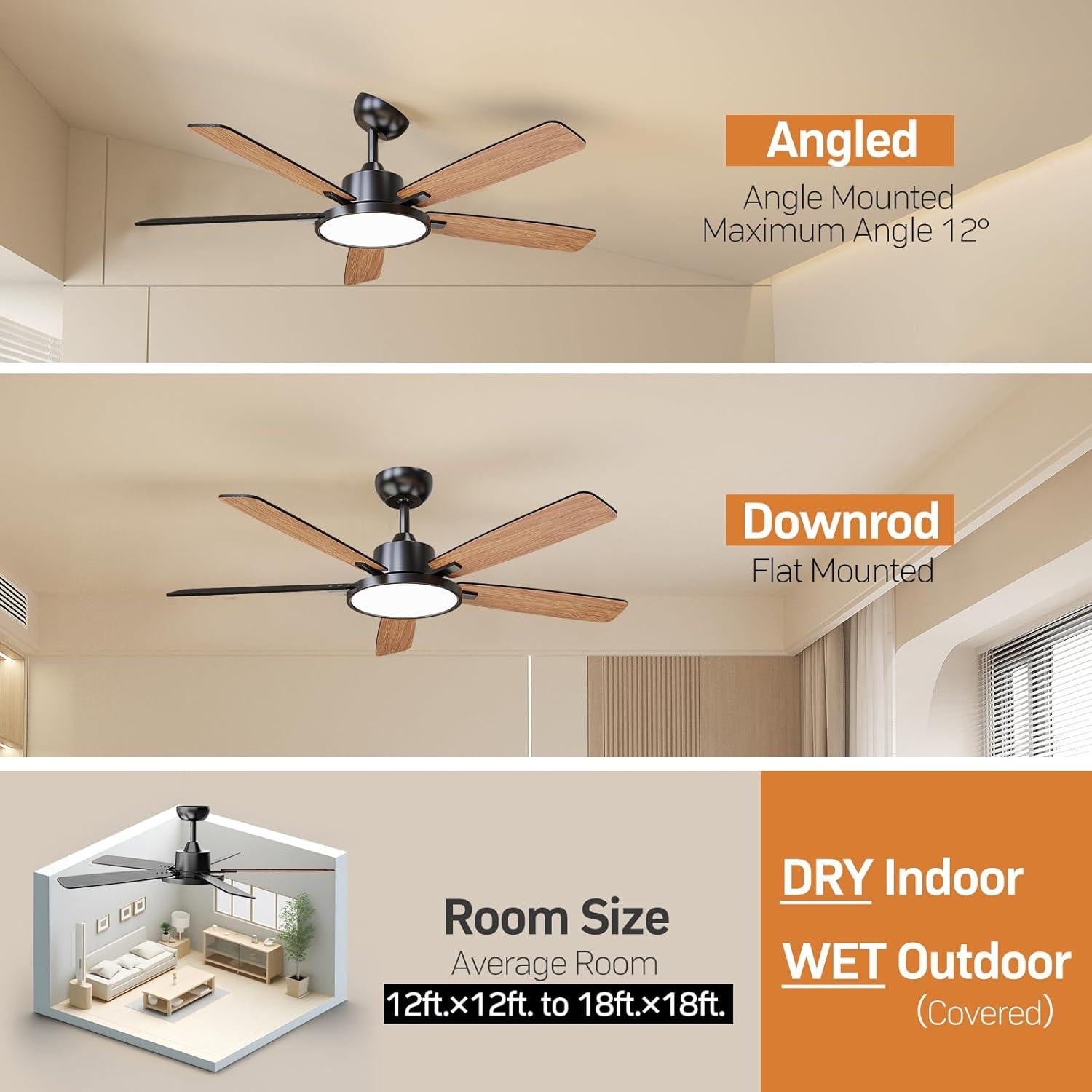 Ventilador de Techo TALOYA 52" Negro con Luz LED y Control Remoto