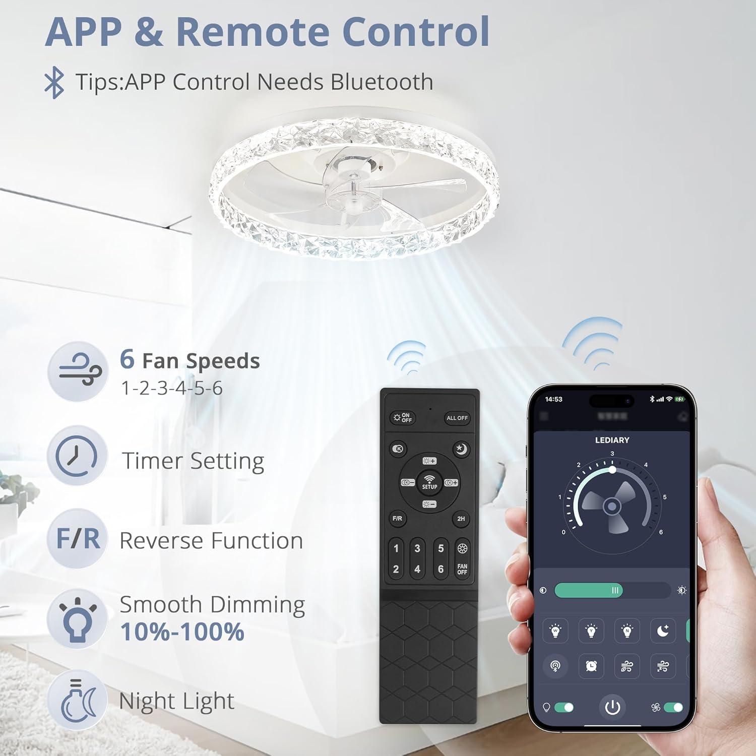 Ventilador de Techo LEDIARY 50 cm Blanco con Control Remoto y Luz