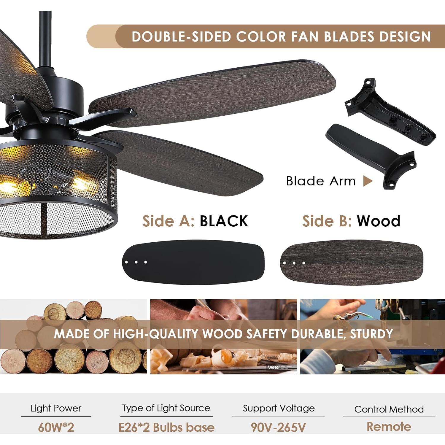 Ventilador de Techo Hounberi Negro 121.92 cm con Luz y Control Remoto