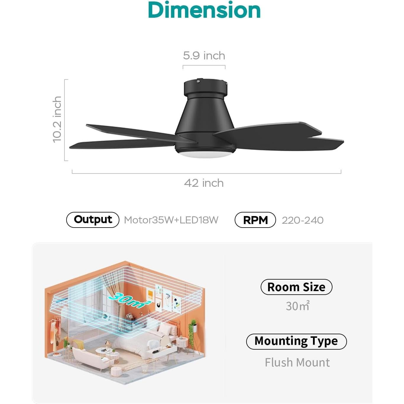 Ventilador de Techo AQUBT 106.68 cm con Luz y Control Remoto