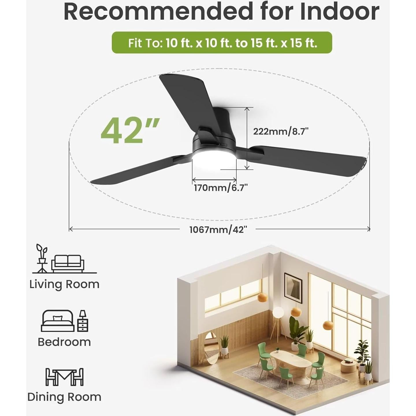 Ventilador de Techo Moderno Negro 106.68cm con Luz y Control Remoto