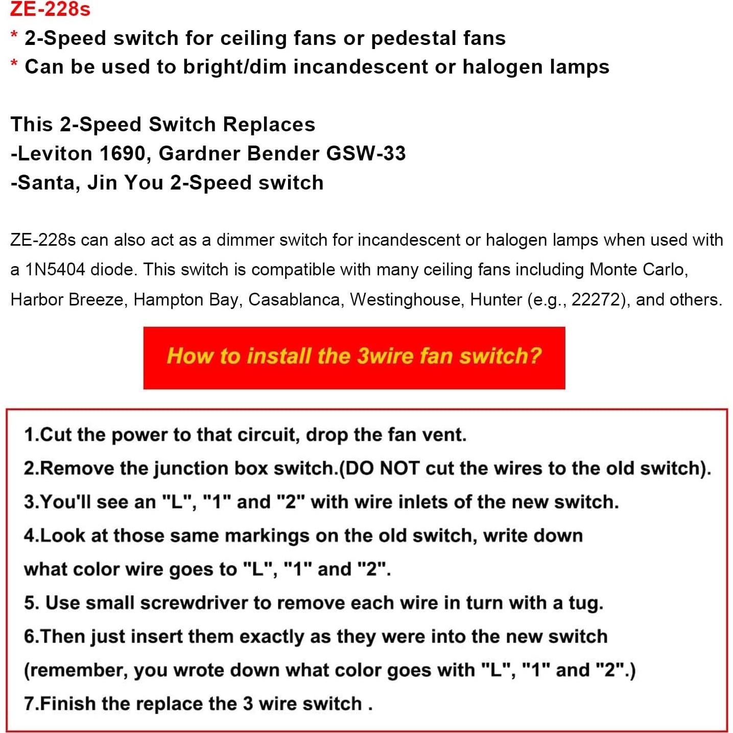 Interruptor de Ventilador de Techo Bsentster ZE-228s 2 Velocidades