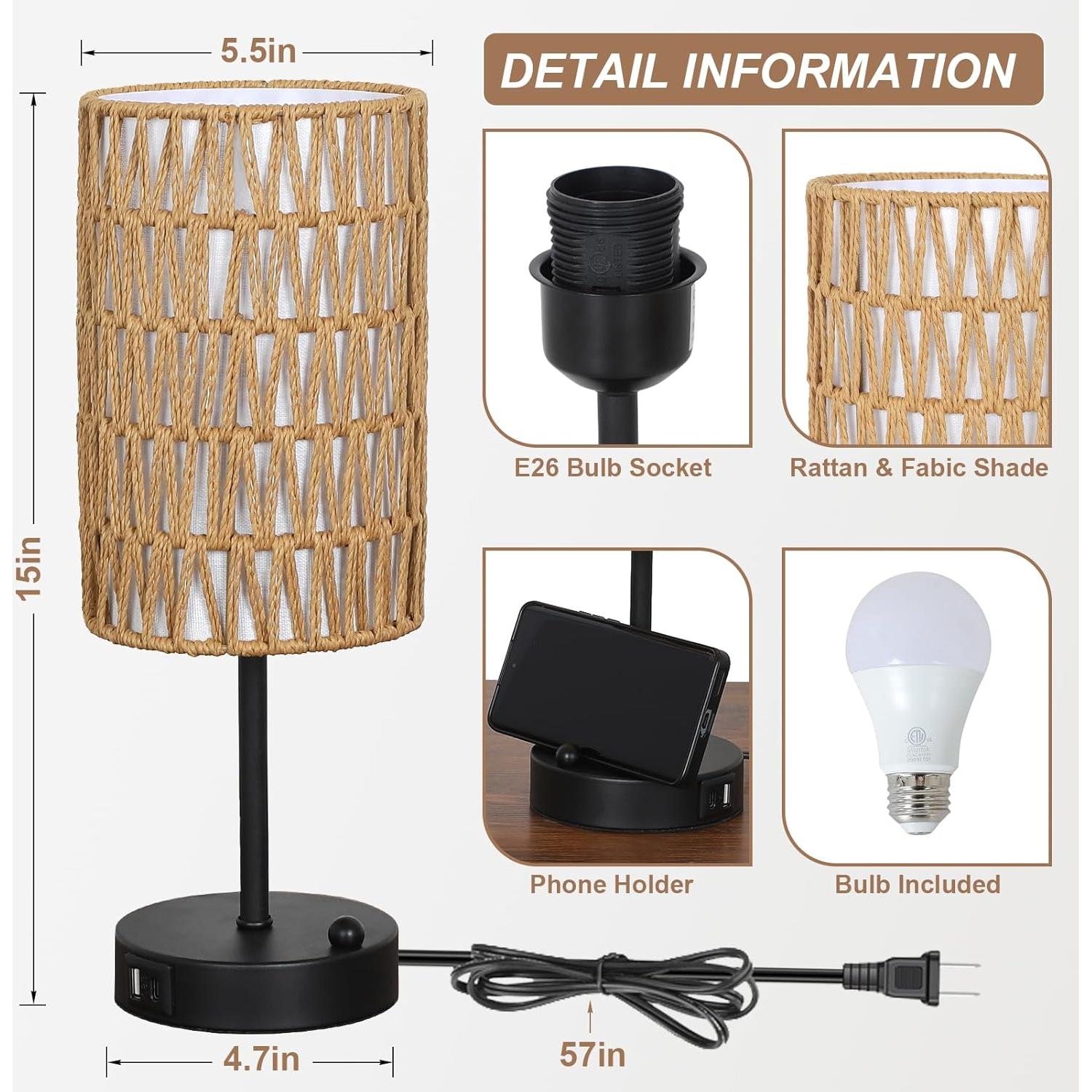 Lámpara de Mesa Táctil Eayaya Boho 24.1cm con USB y Soporte