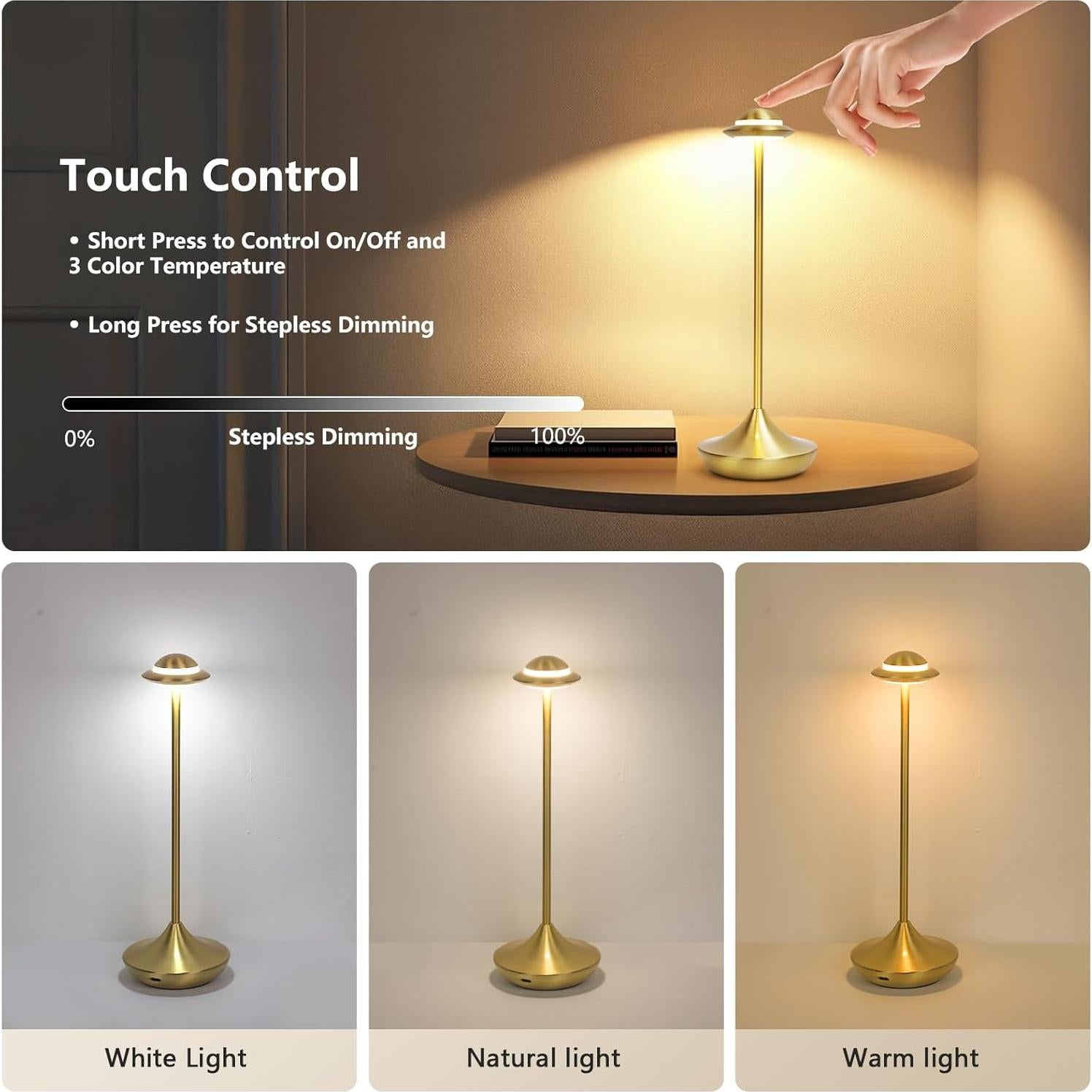 Lámpara de Mesa LED Inalámbrica Baishezhuan Dorada 3 Niveles