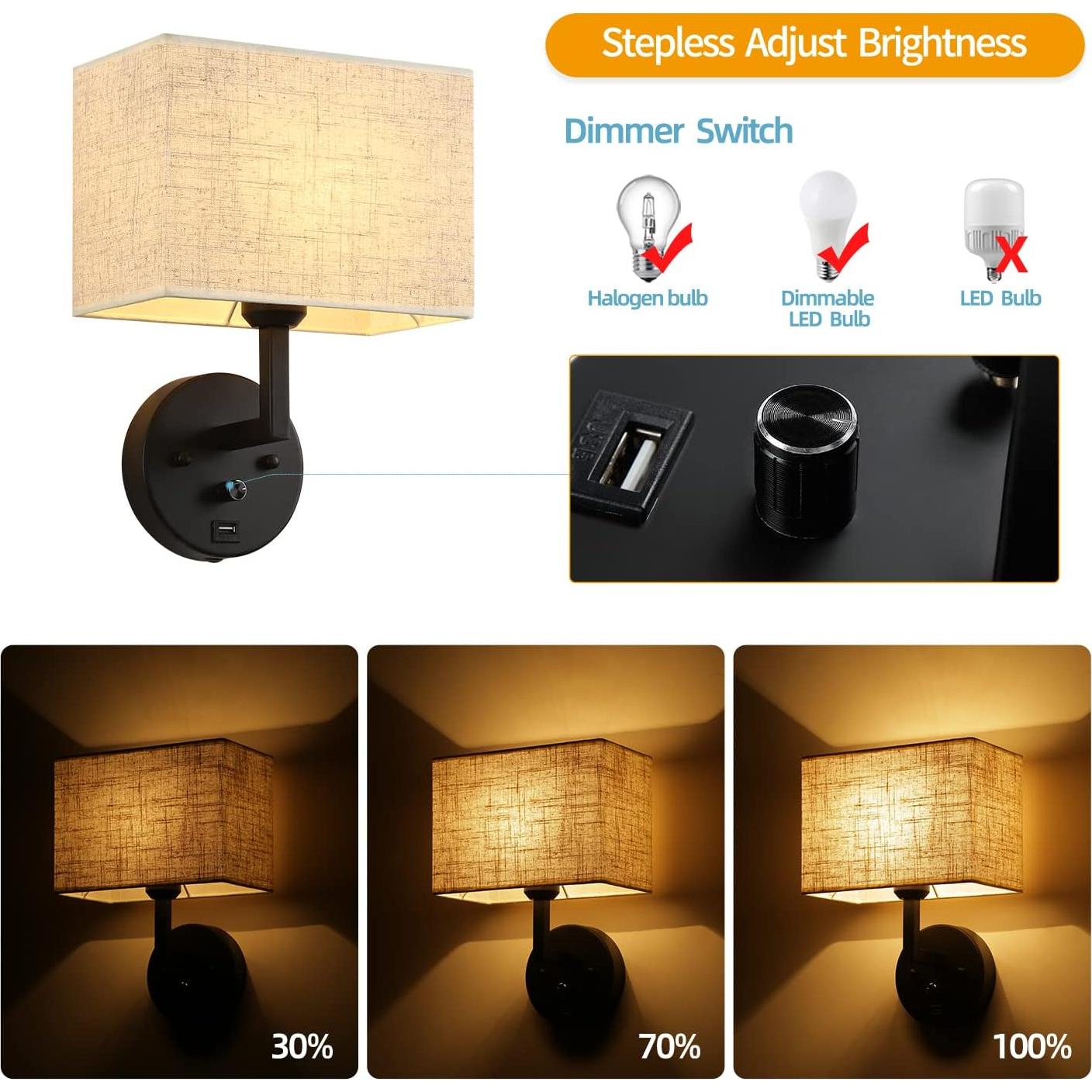 Aplique de pared PULLCU regulable con USB y pantalla de lino