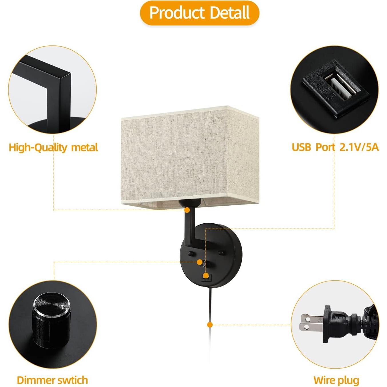 Aplique de pared PULLCU regulable con USB y pantalla de lino