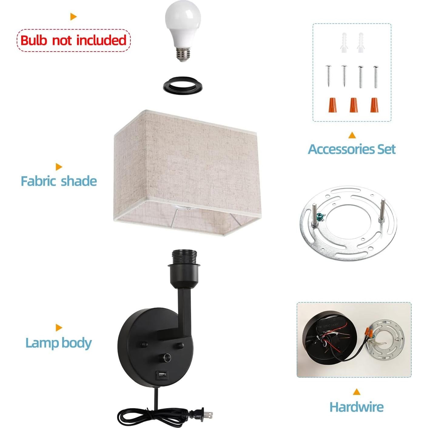 Aplique de pared PULLCU regulable con USB y pantalla de lino