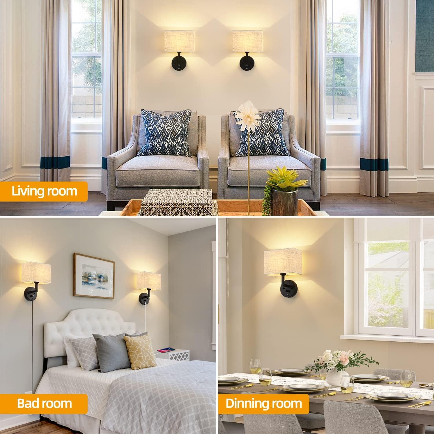 Aplique de pared PULLCU regulable con USB y pantalla de lino