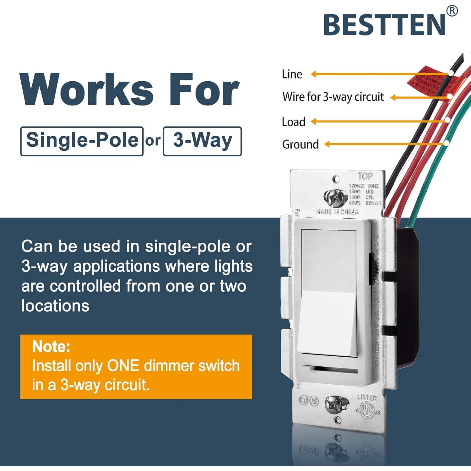 Interruptor Regulador de Luz BESTTEN Moderno 3 Vías LED CFL