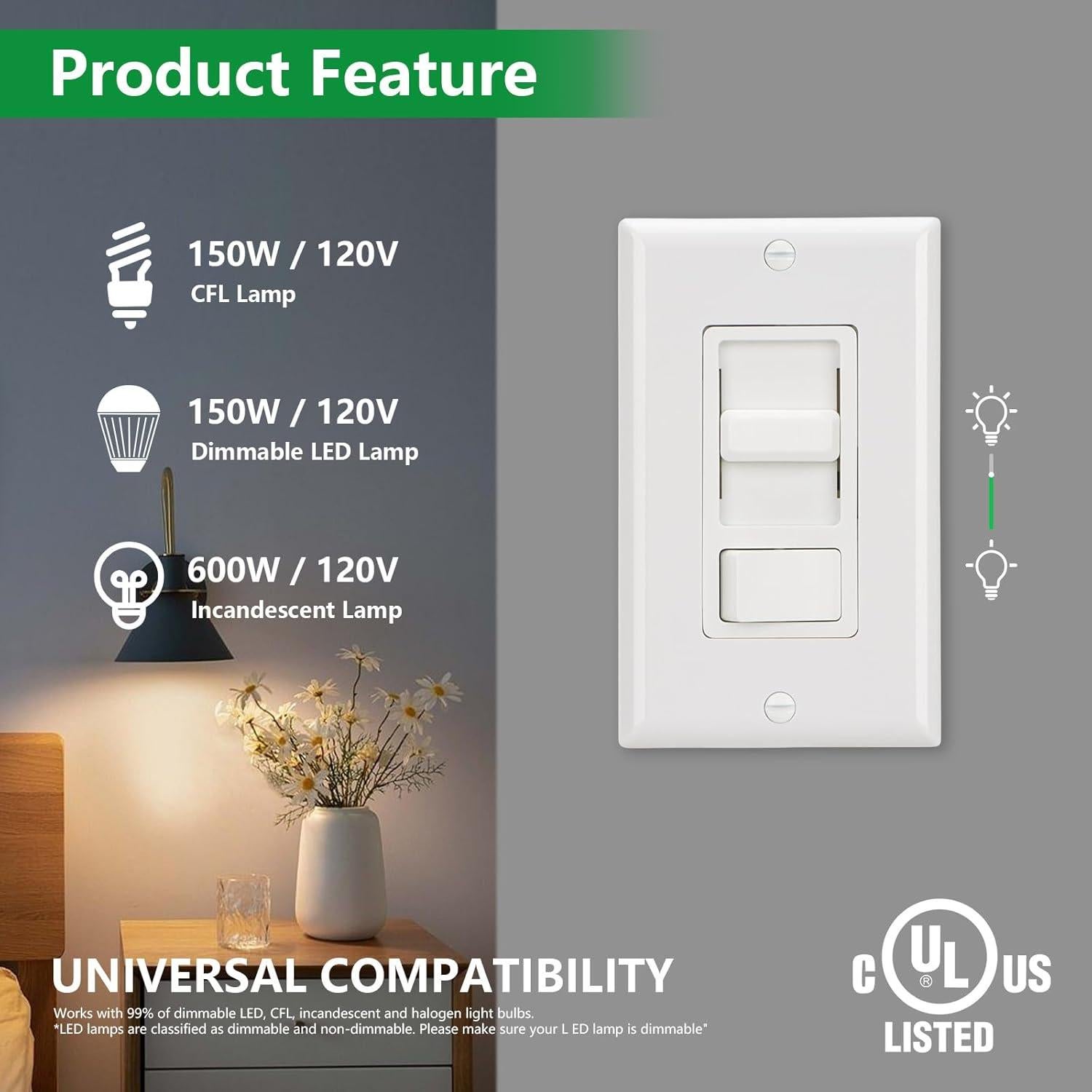 Interruptor Regulador Wengart BAK-008, 150W LED y 600W Incandescentes