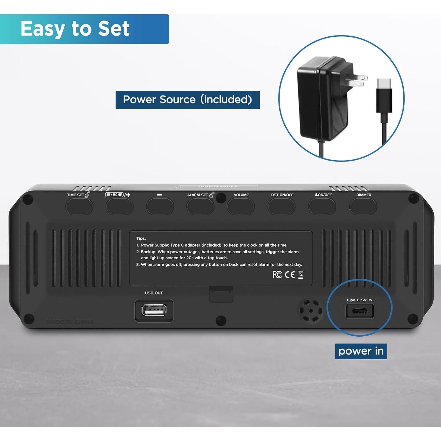 Reloj Despertador Digital Peakeep 22.86x6.35cm USB C Brillo Ajustable