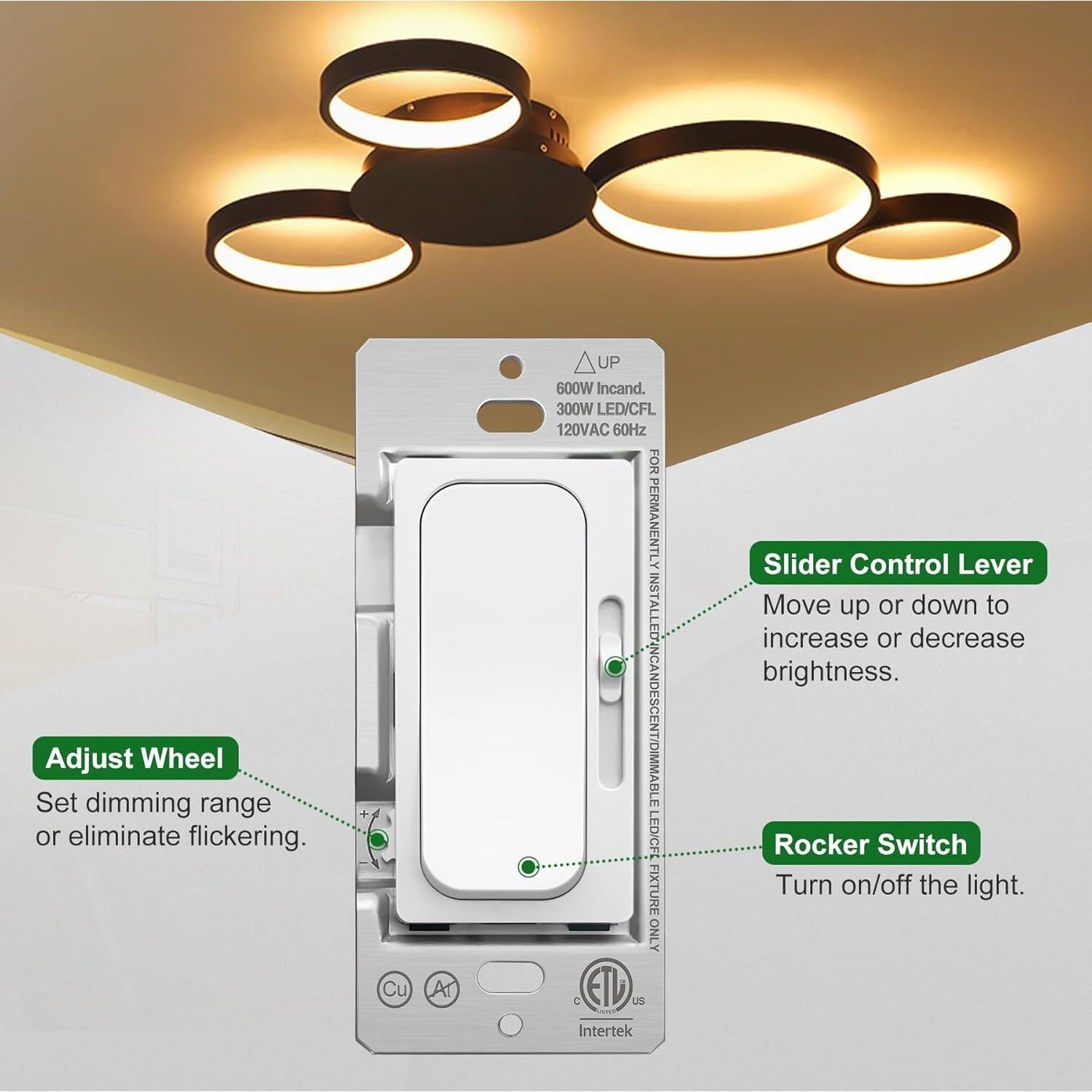 Interruptor Dimmer Deslizante UNIELE 4 Paquetes 300W LED 600W Incandescentes