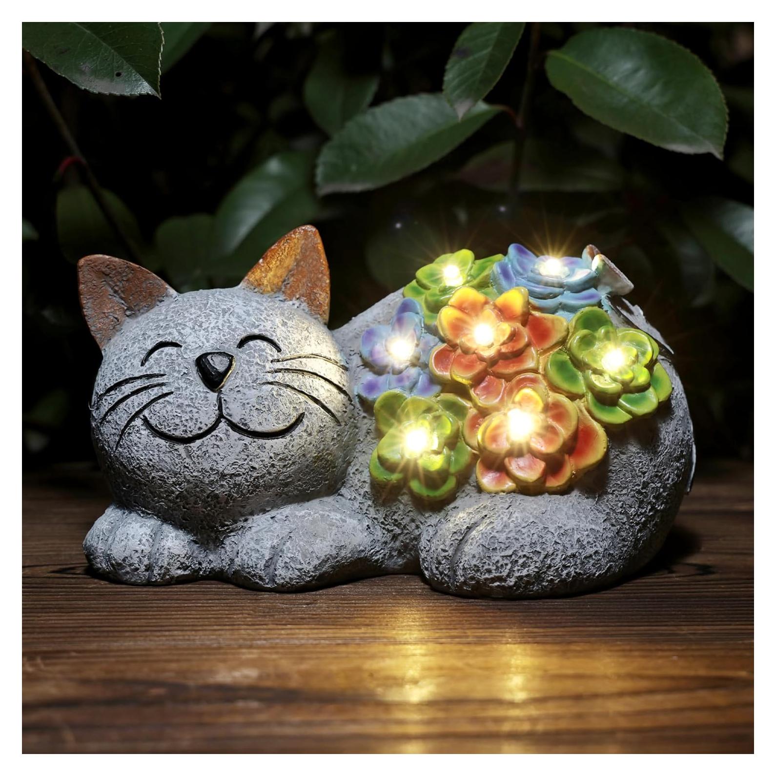 Estatua Solar de Gato Otdair con Suculenta y LED 17.3 cm