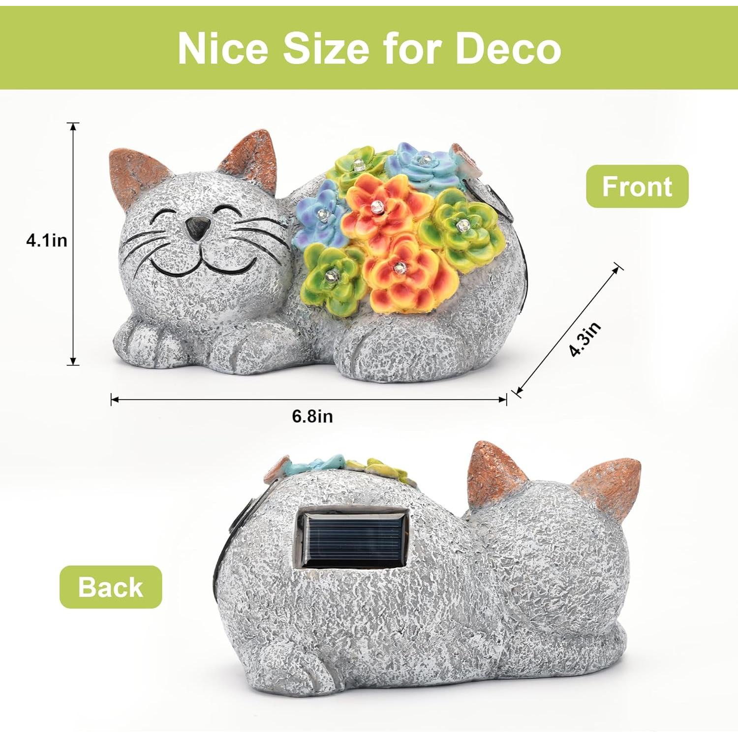 Estatua Solar de Gato Otdair con Suculenta y LED 17.3 cm