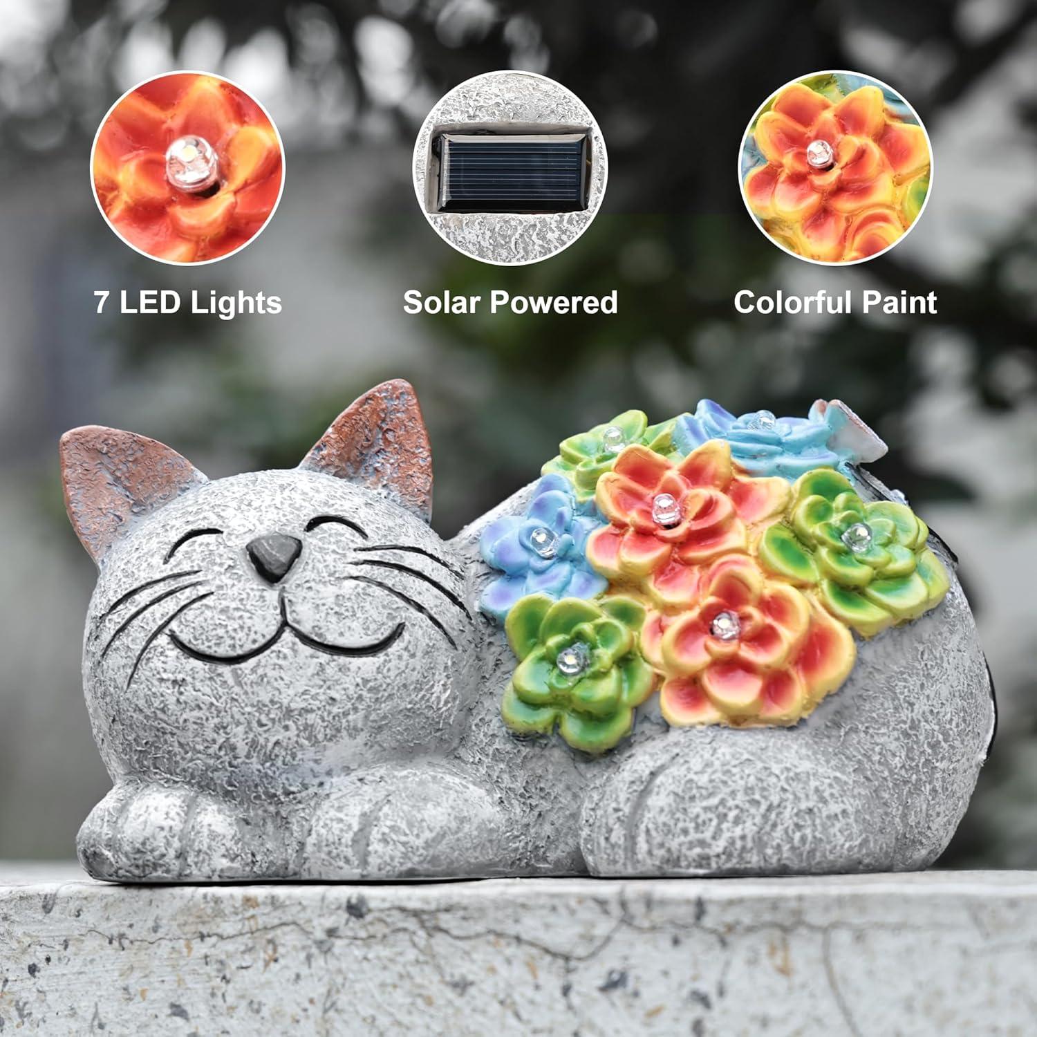Estatua Solar de Gato Otdair con Suculenta y LED 17.3 cm