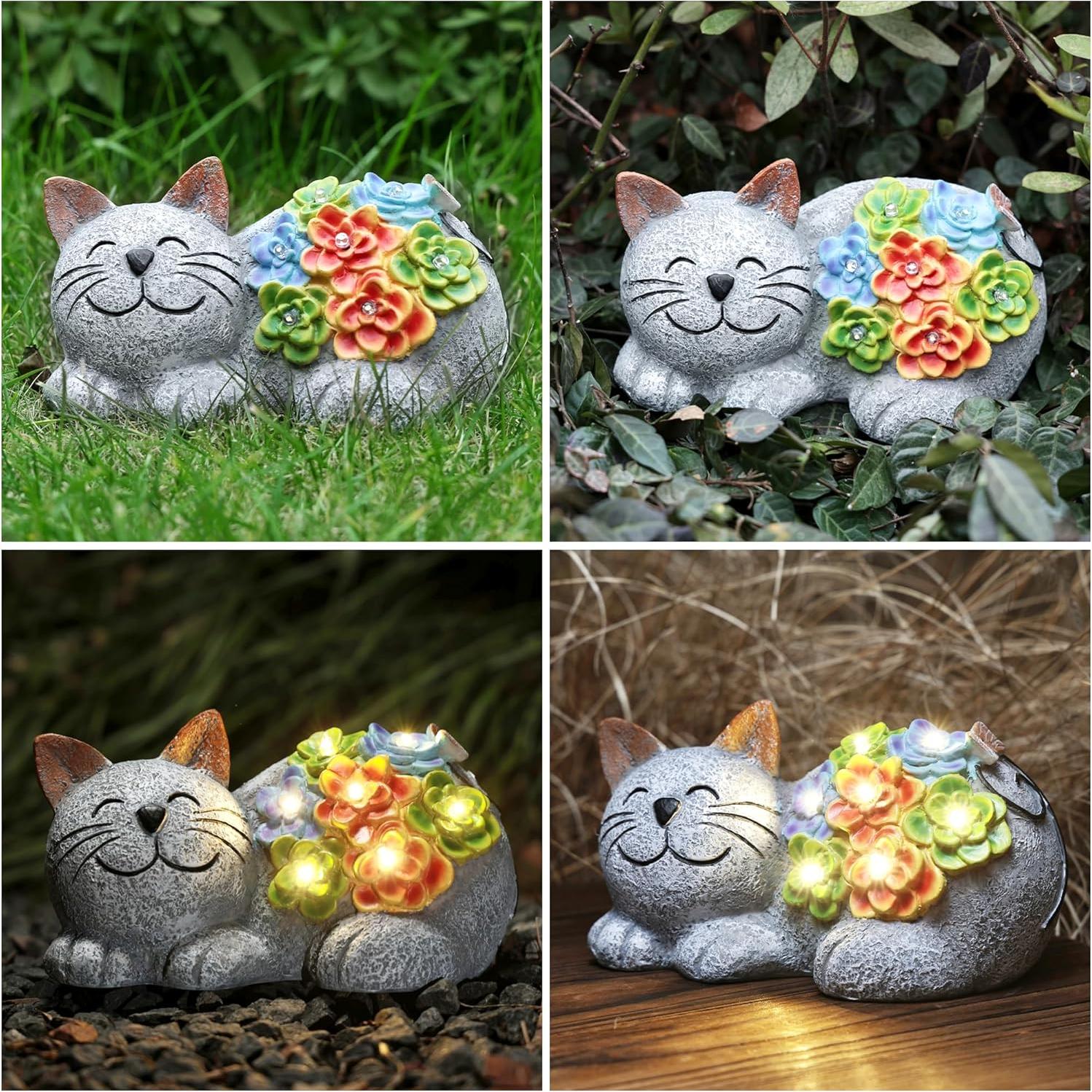 Estatua Solar de Gato Otdair con Suculenta y LED 17.3 cm