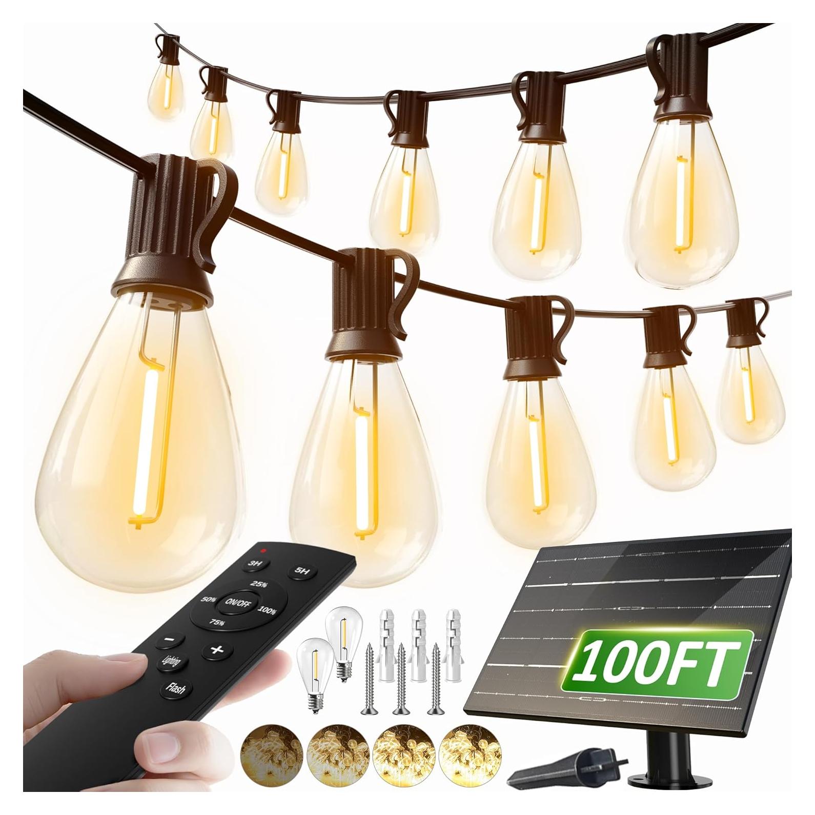 Luces de Cadena Solares Luckystyle 30.48m 2200K con Control Remoto