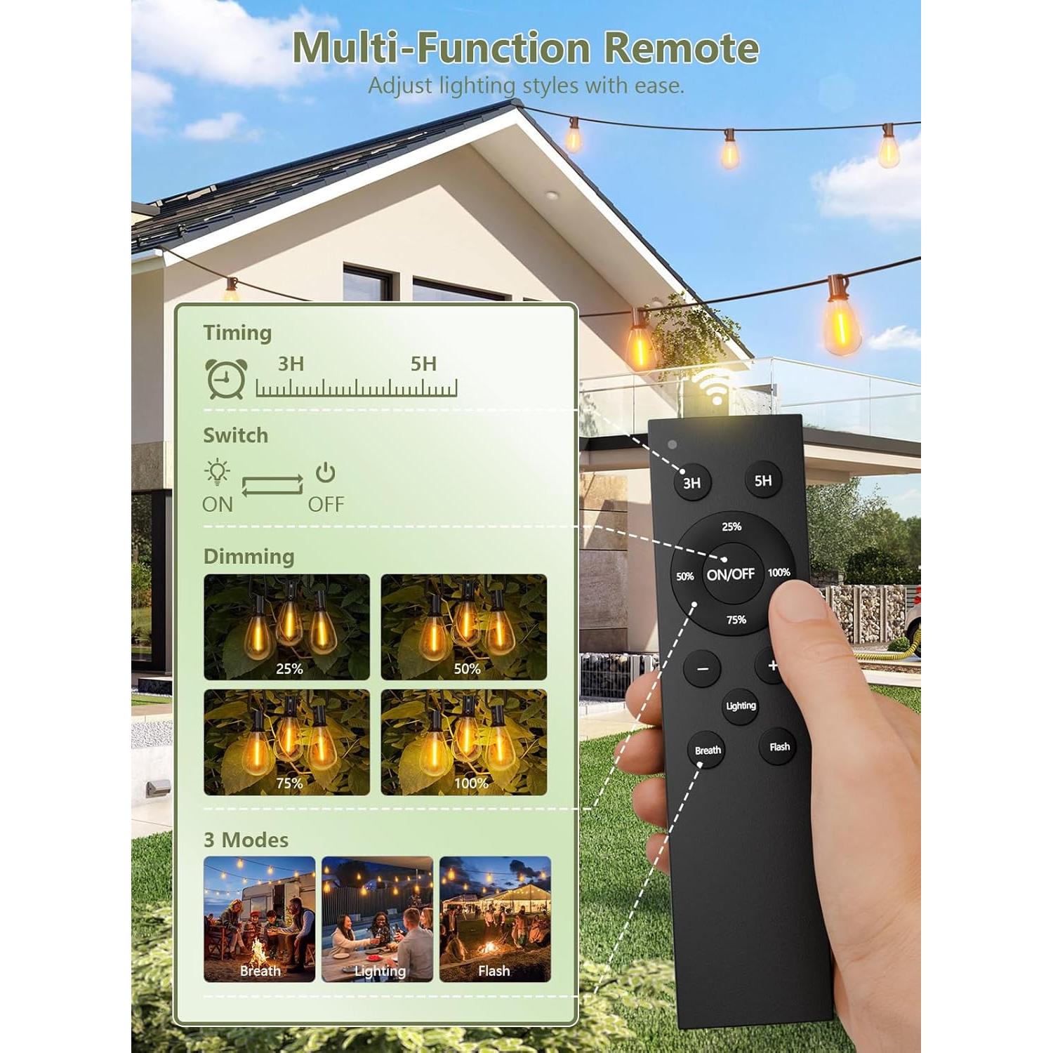 Luces de Cadena Solares Luckystyle 30.48m 2200K con Control Remoto