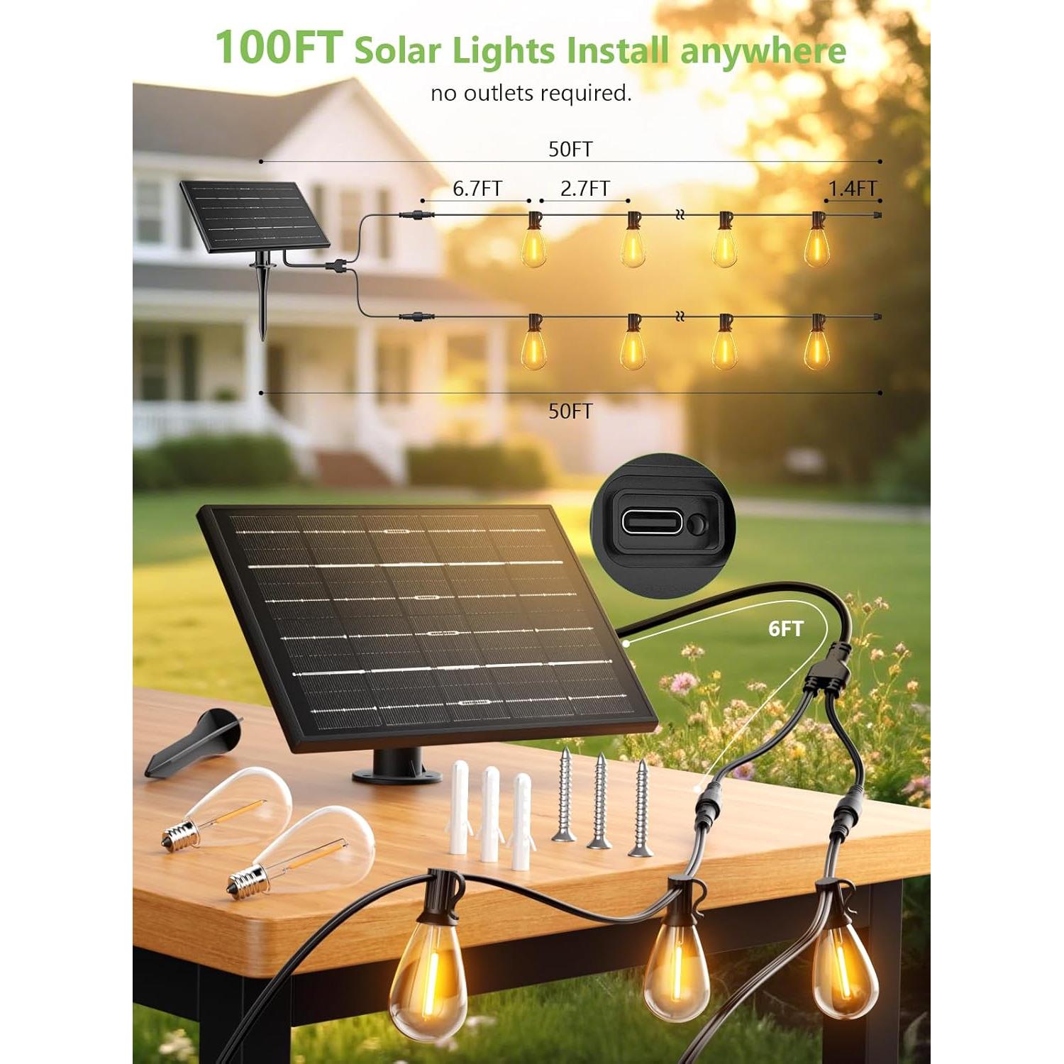 Luces de Cadena Solares Luckystyle 30.48m 2200K con Control Remoto