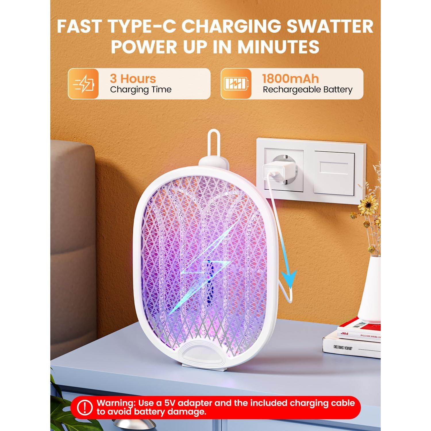 Raqueta Eléctrica para Mosquitos WOCVRYY 4000V Plegable 1800mAh