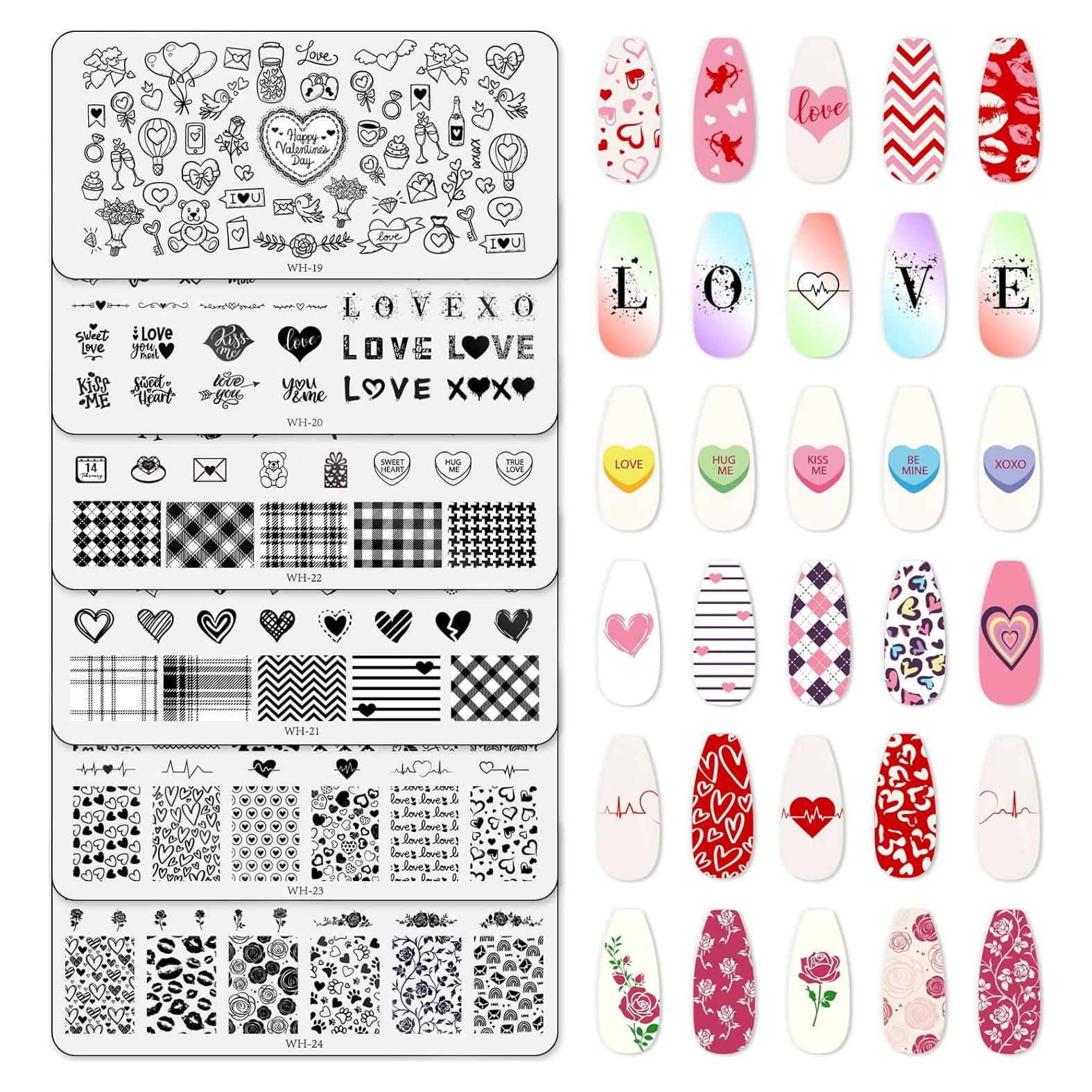 Kit de Placas de Estampado de Uñas Whaline 6 Piezas San Valentín