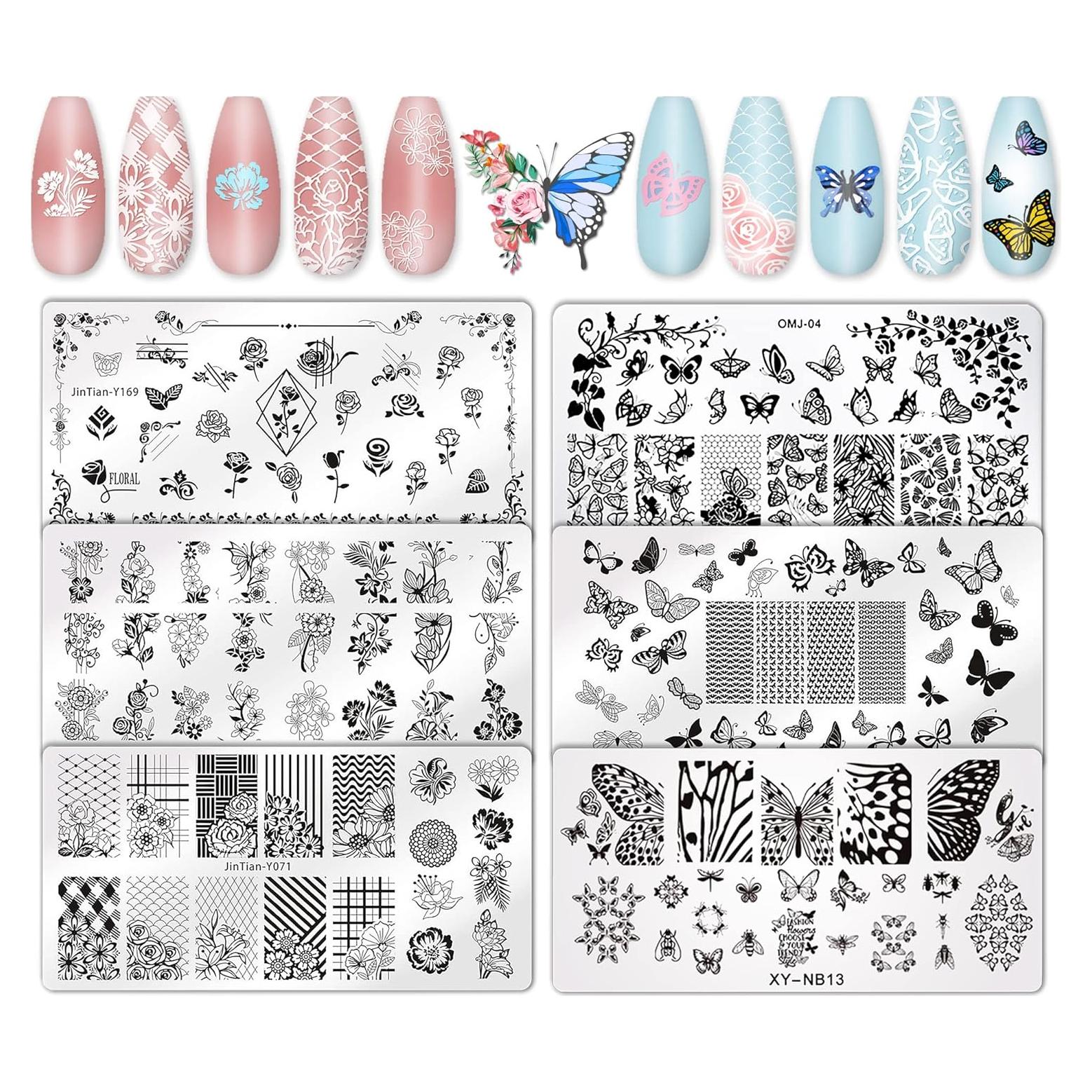 Placas de Arte de Uñas Whaline 6 Piezas Flores y Mariposas