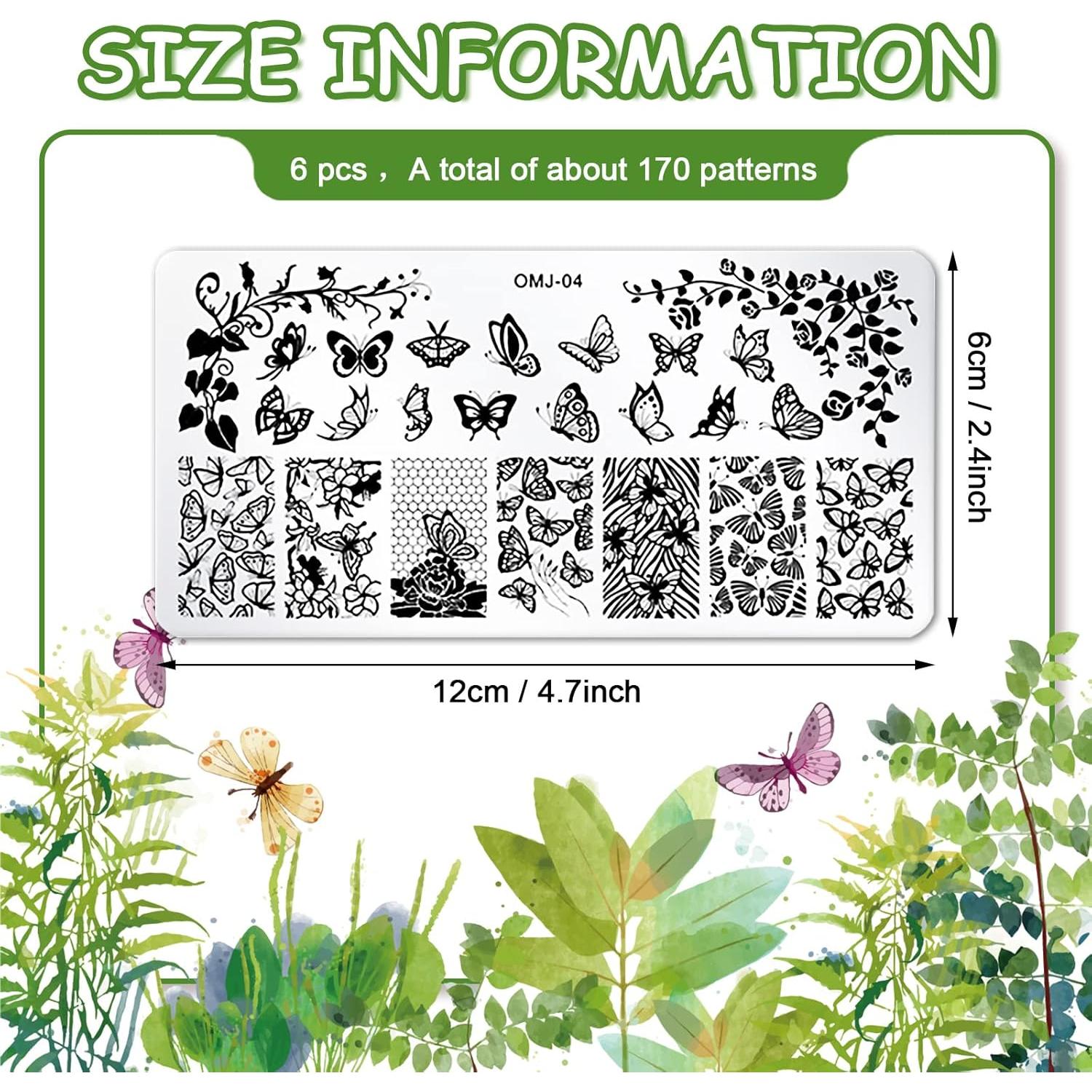 Placas de Arte de Uñas Whaline 6 Piezas Flores y Mariposas