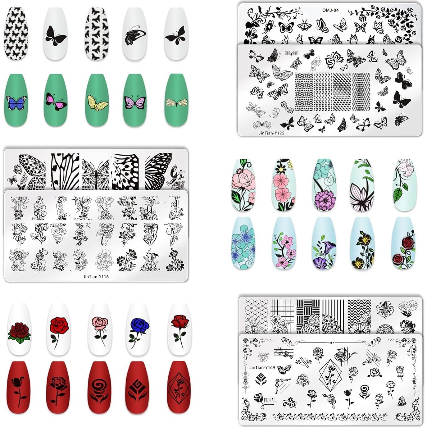 Placas de Arte de Uñas Whaline 6 Piezas Flores y Mariposas