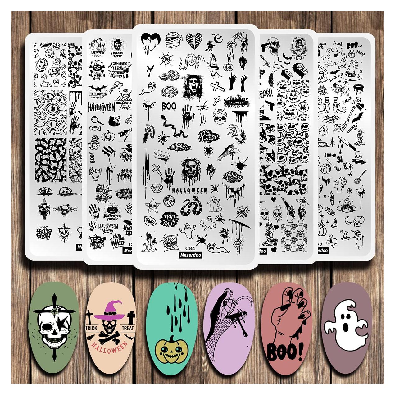 5 Placas de Estampado de Uñas Halloween Mezerdoo 12x6cm