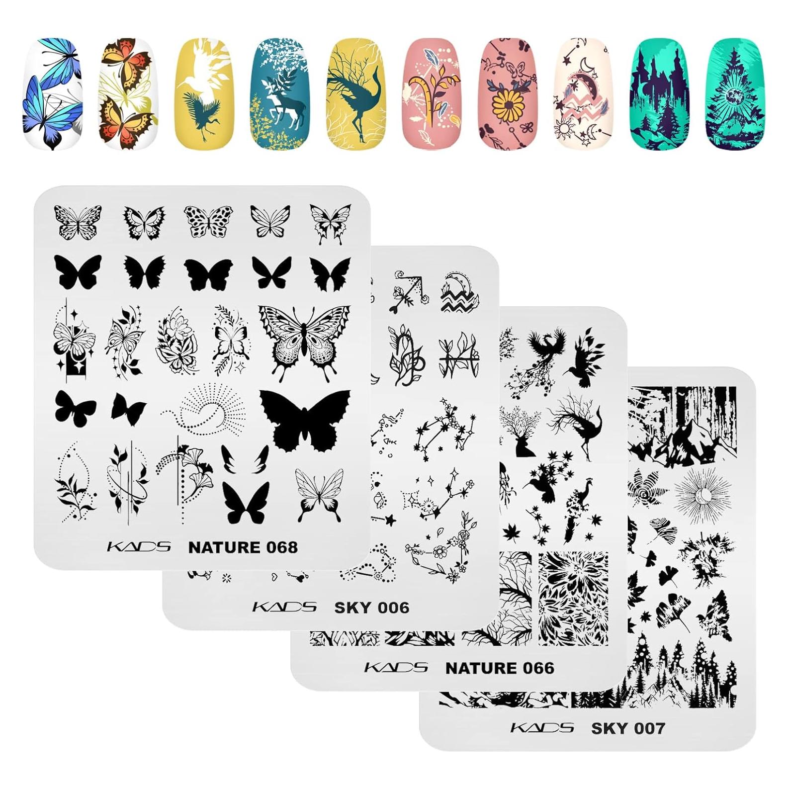 KADS Kit de 4 Plantillas de Estampado para Uñas - Mariposa, Pavo Real, Flor y Constelación