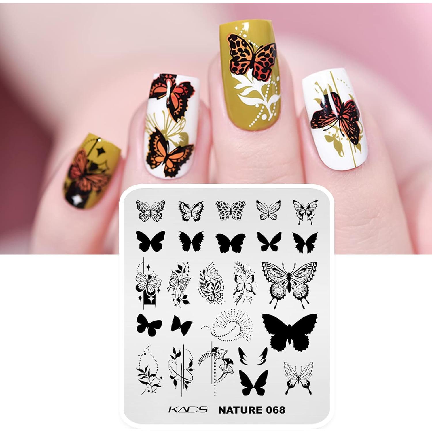 KADS Kit de 4 Plantillas de Estampado para Uñas - Mariposa, Pavo Real, Flor y Constelación